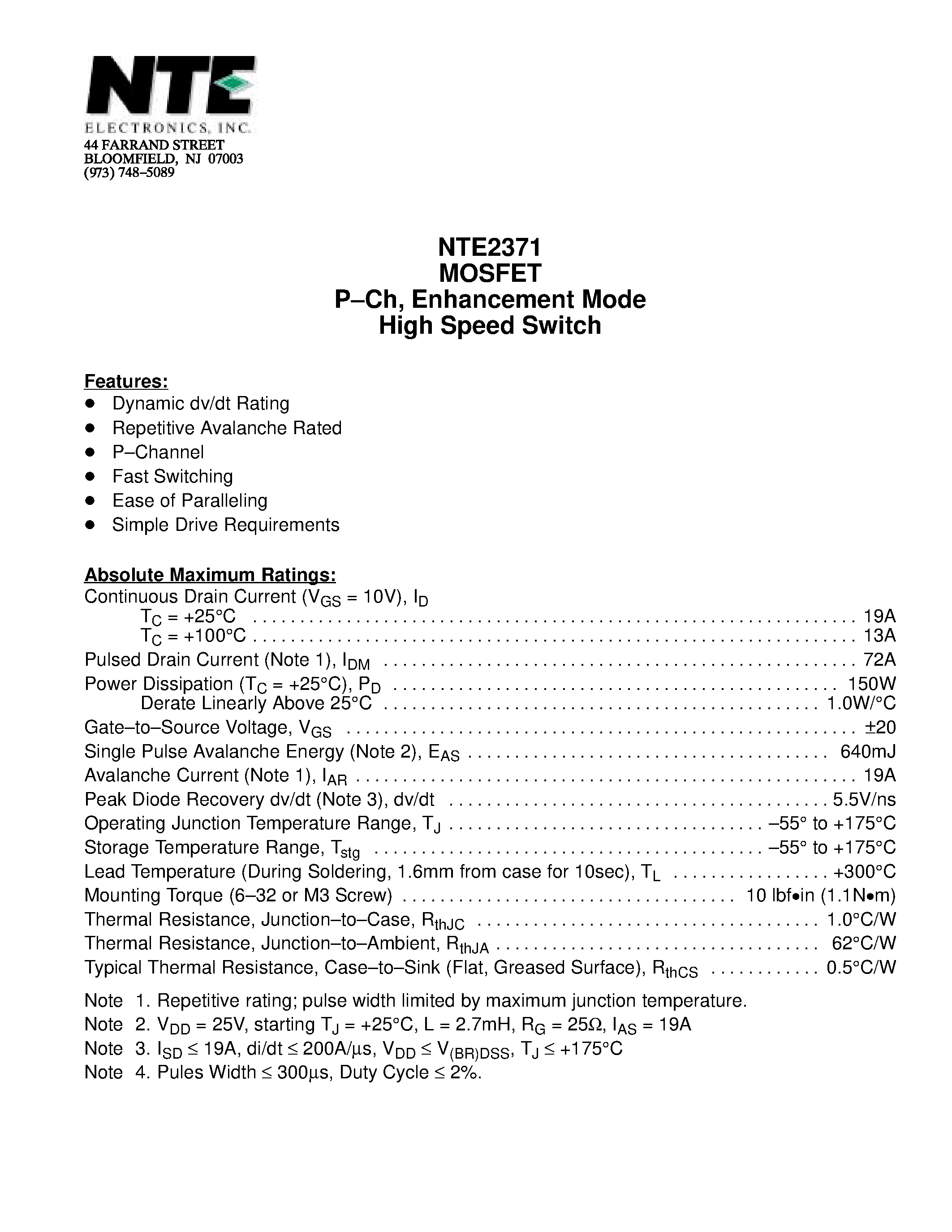 Даташит NTE2371 - MOSFET P-Ch / Enhancement Mode High Speed Switch страница 1