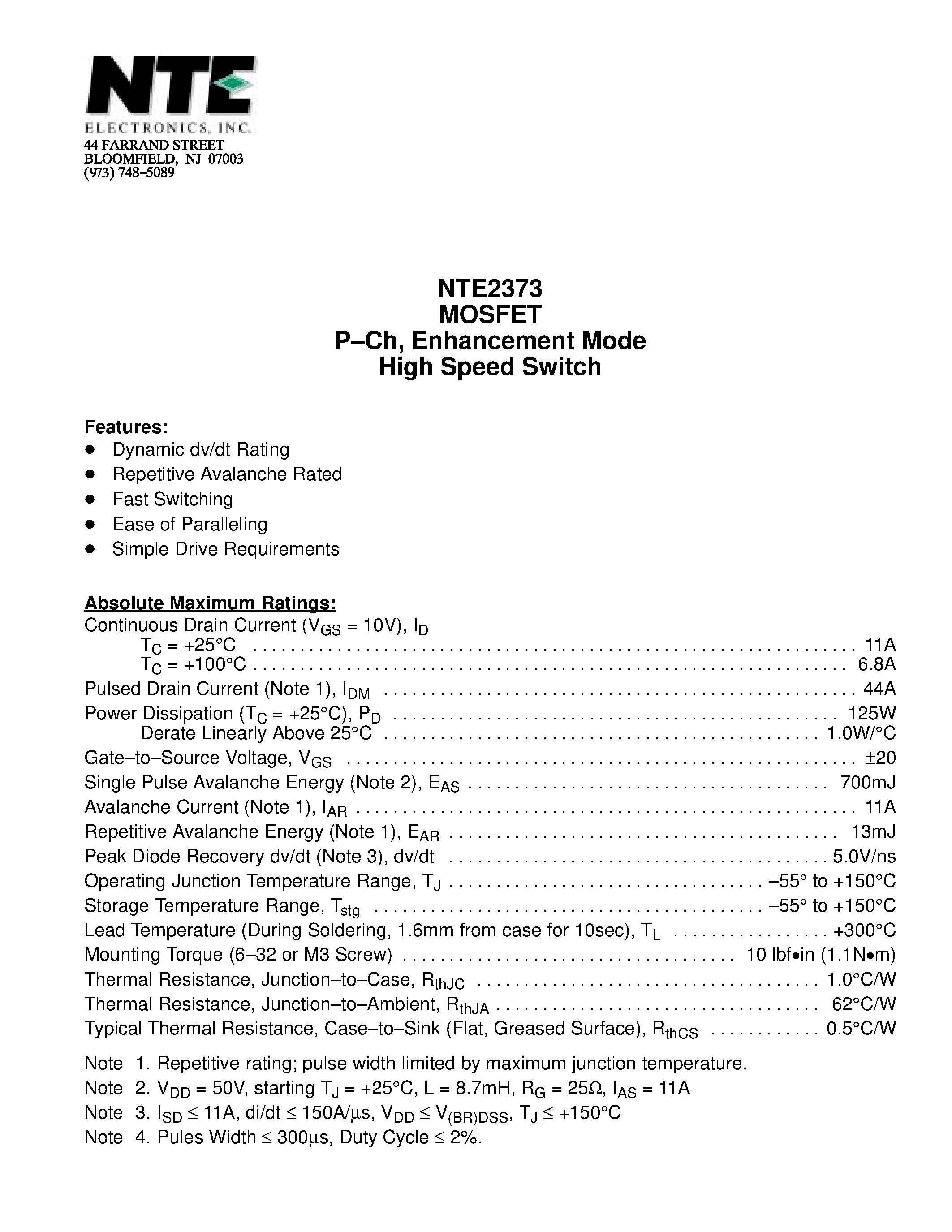 Даташит NTE2373 - MOSFET P-Ch / Enhancement Mode High Speed Switch страница 1