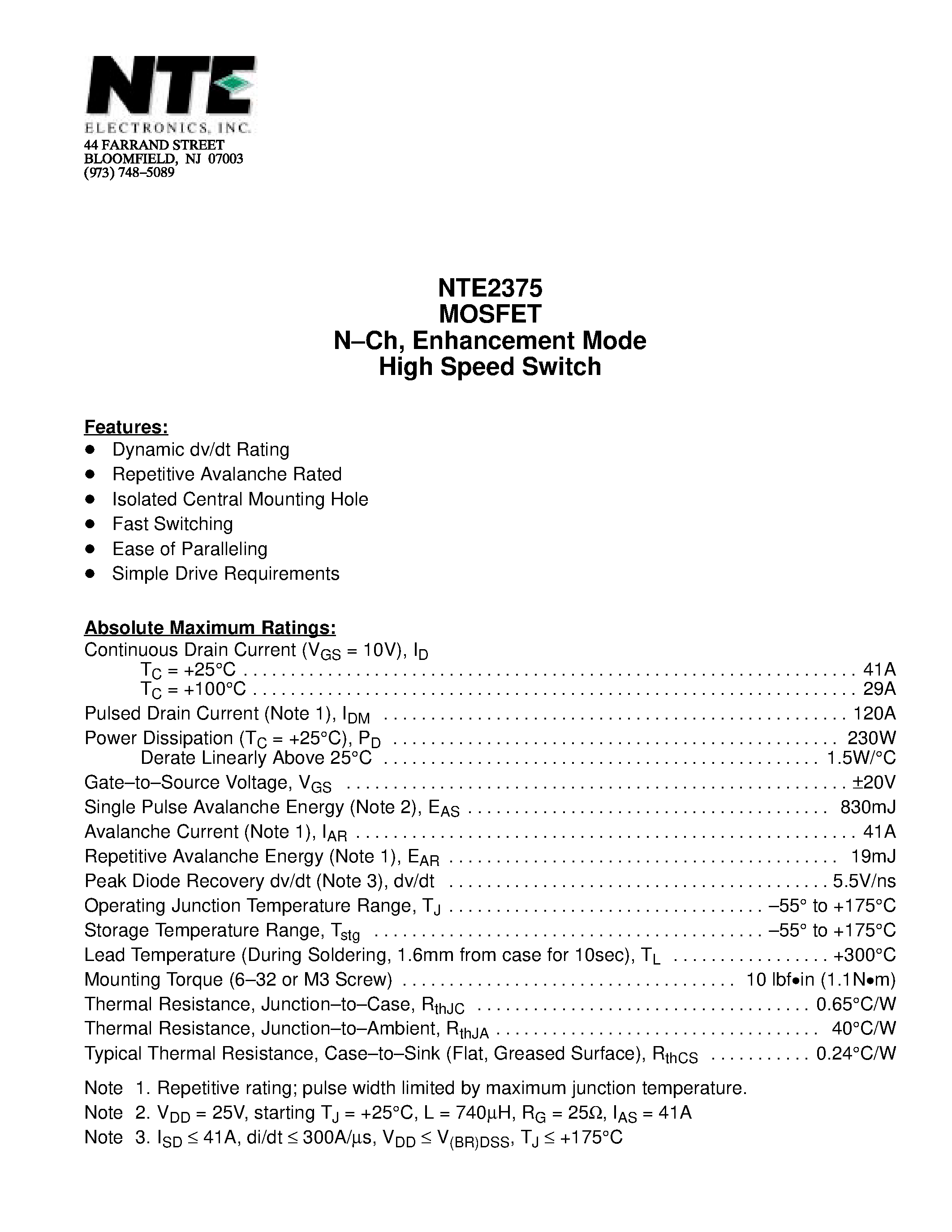 Datasheet NTE2375 - MOSFET N-Ch / Enhancement Mode High Speed Switch page 1