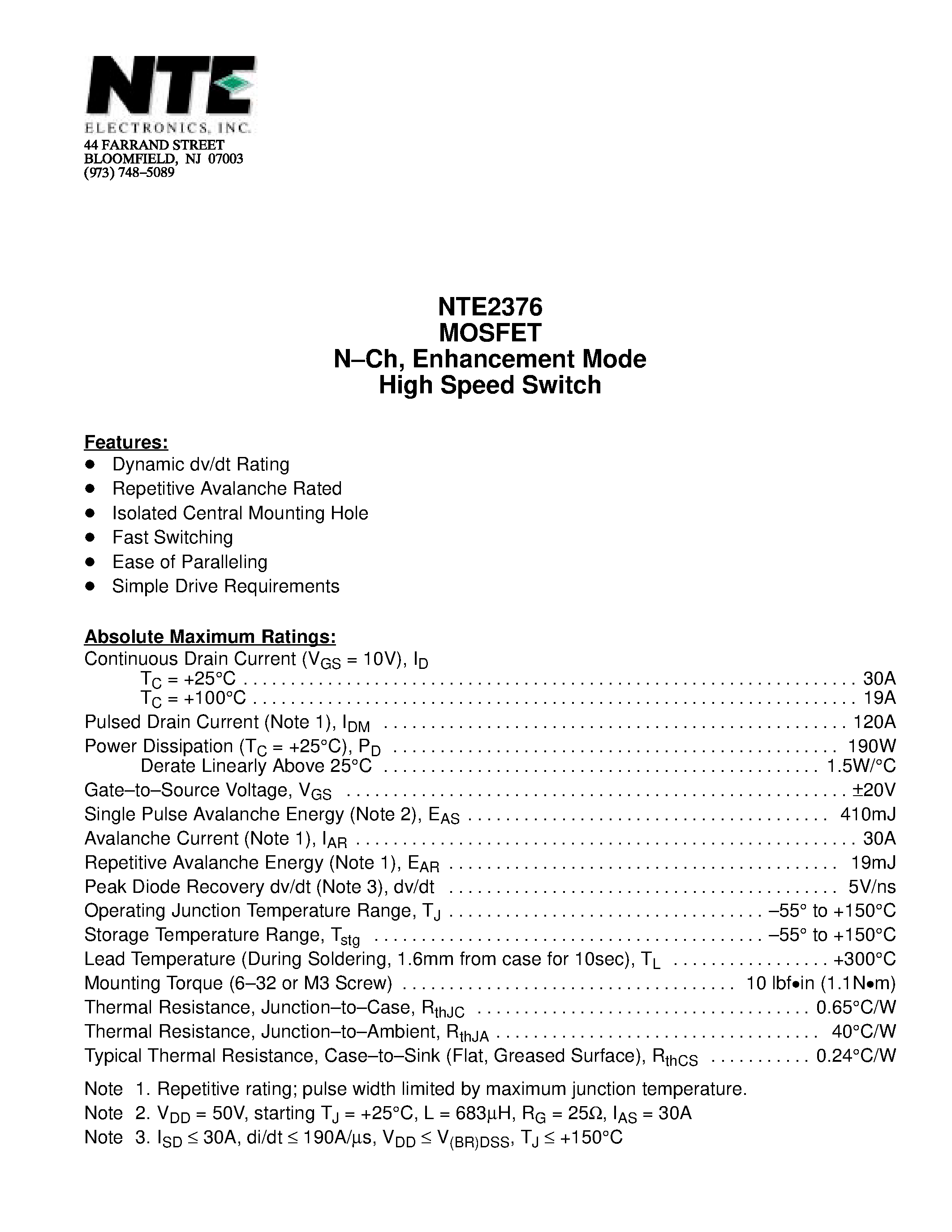 Datasheet NTE2376 - MOSFET N-Ch / Enhancement Mode High Speed Switch page 1