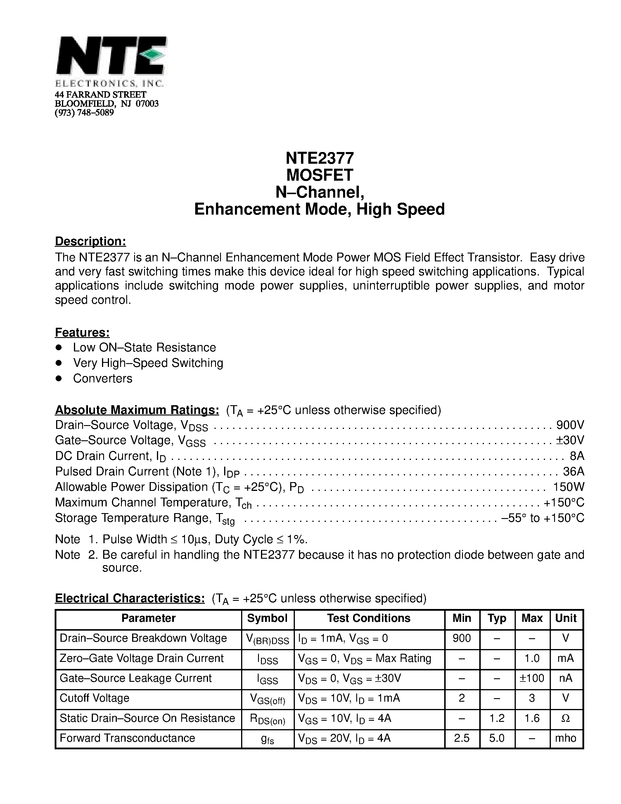 Datasheet NTE2377 - MOSFET N-Channel / Enhancement Mode / High Speed page 1