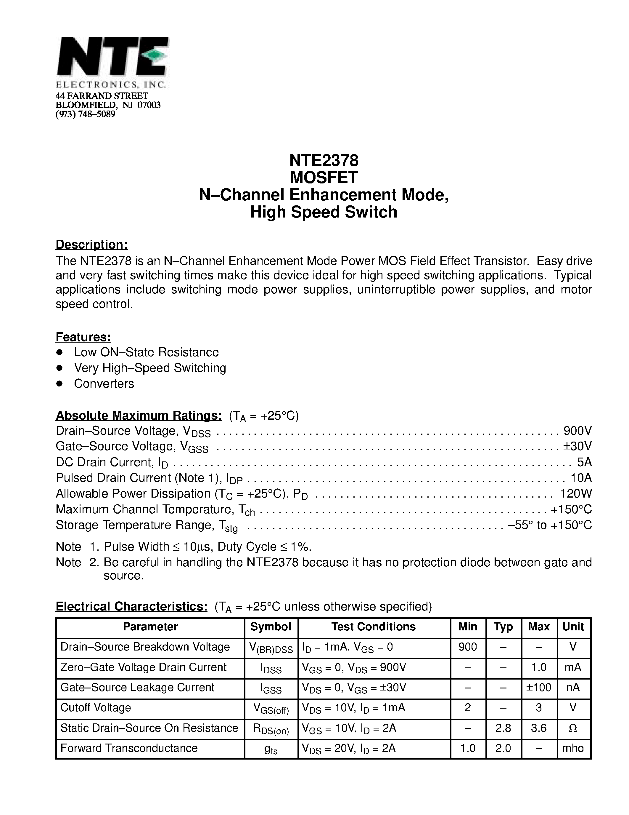 Datasheet NTE2378 - MOSFET N-Channel Enhancement Mode / High Speed Switch page 1