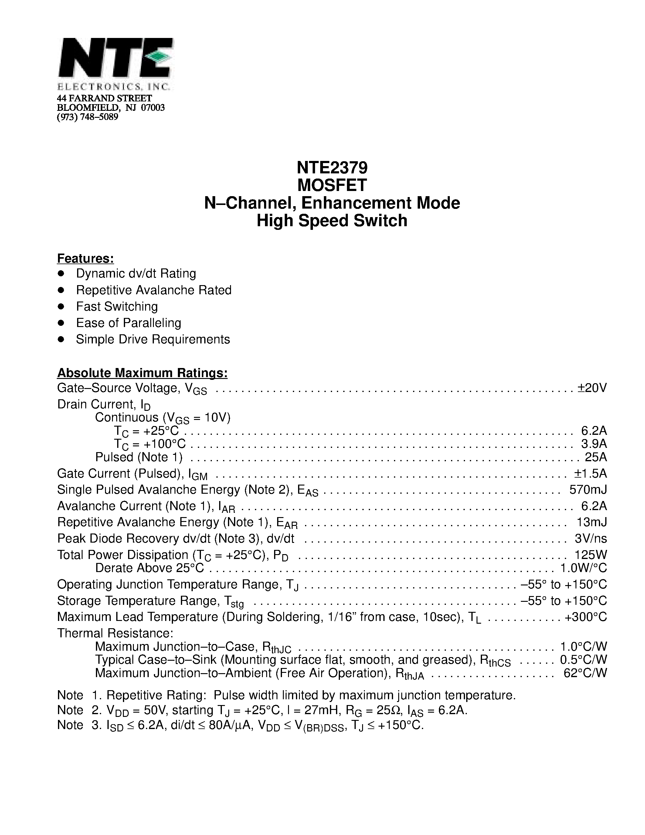 Datasheet NTE2379 - MOSFET N-Channel / Enhancement Mode High Speed Switch page 1
