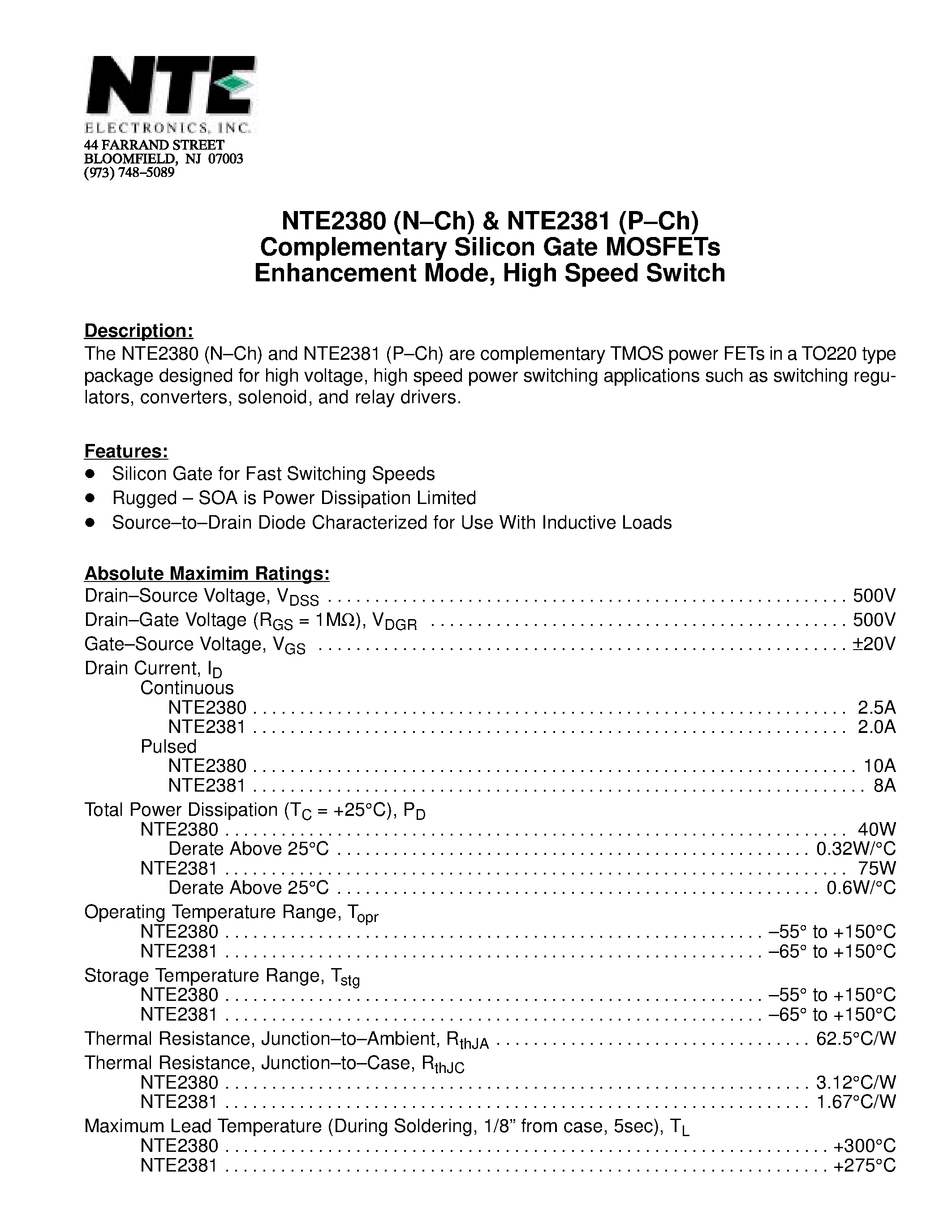Datasheet NTE2380 - Complementary Silicon Gate MOSFETs Enhancement Mode / High Speed Switch page 1
