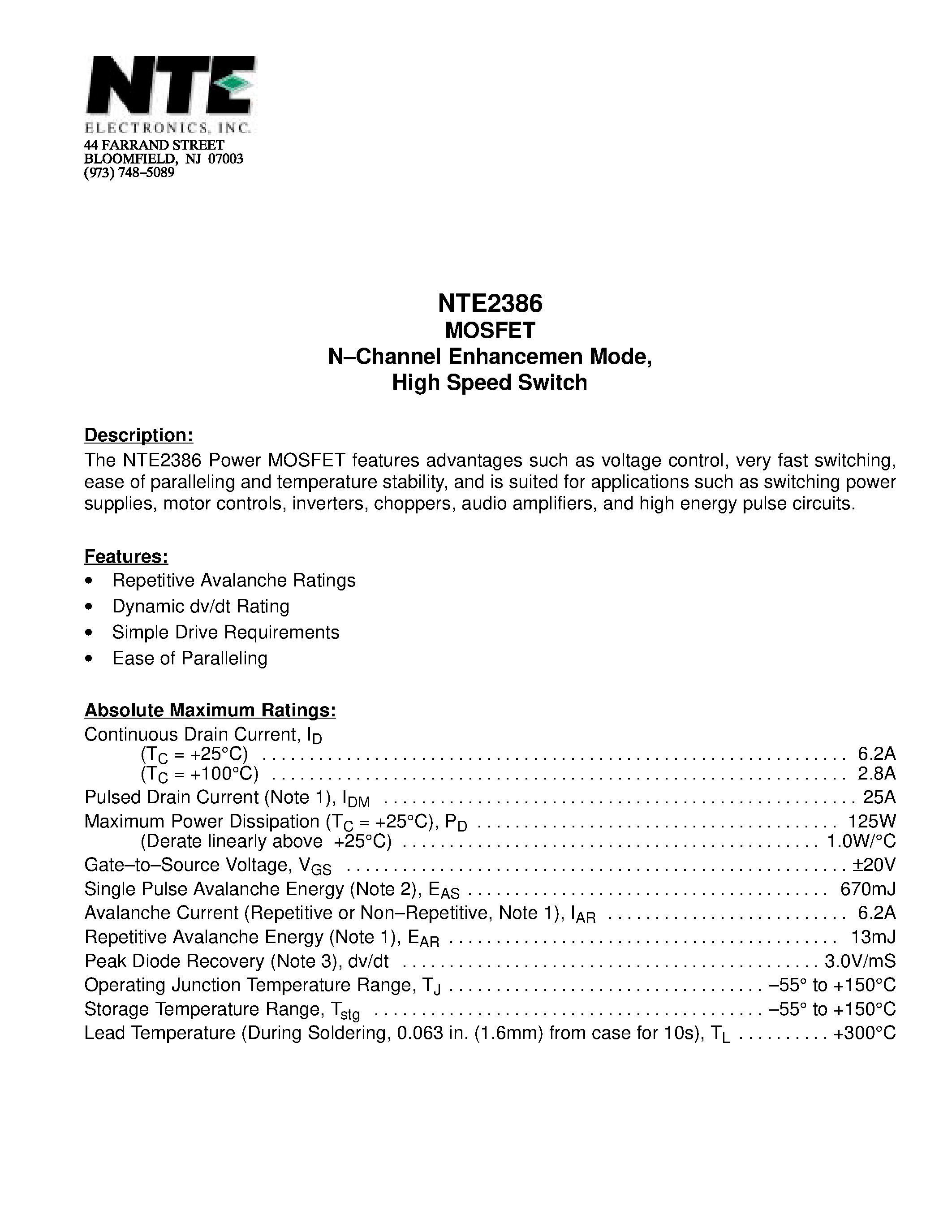 Datasheet NTE2386 - MOSFET N-Channel Enhancemen Mode / High Speed Switch page 1
