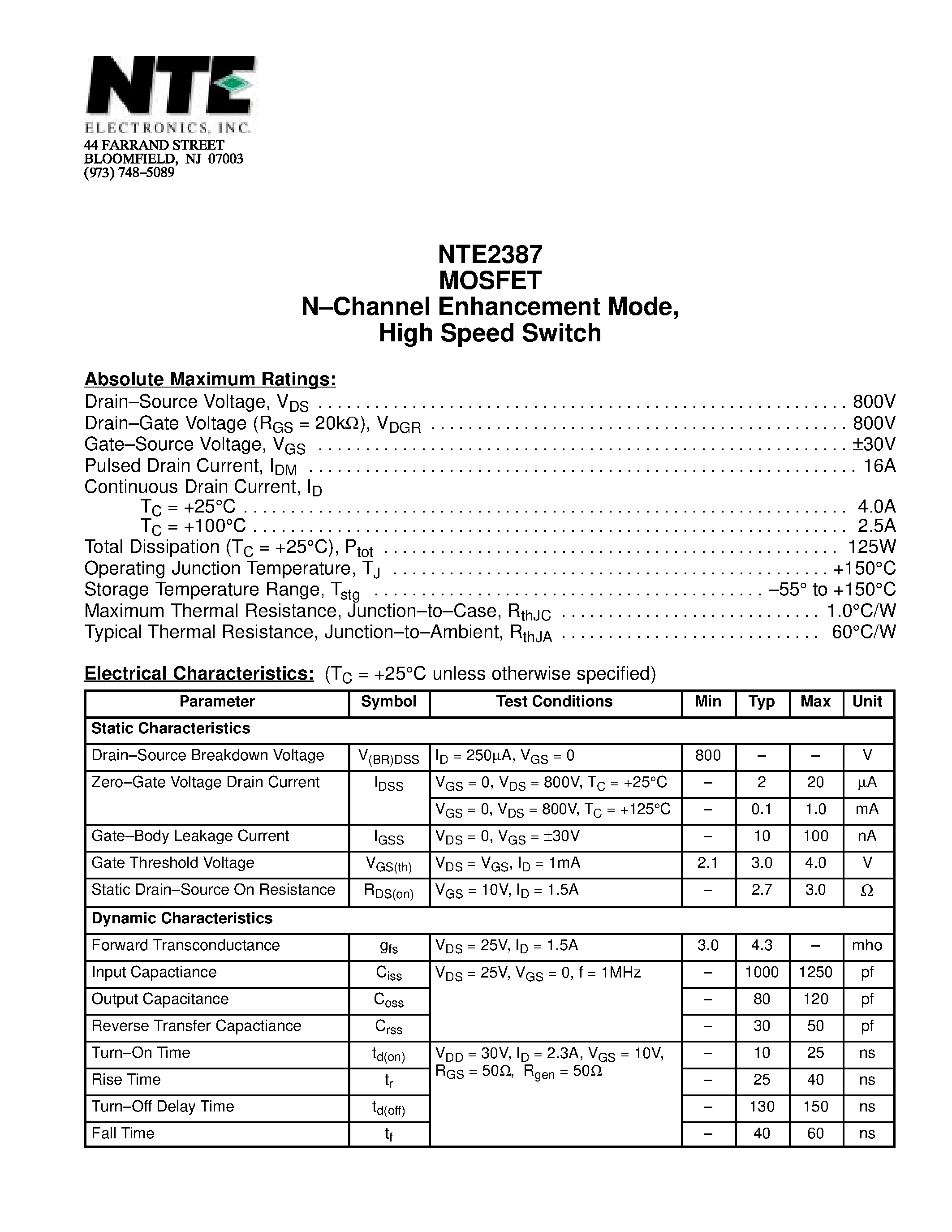 Datasheet NTE2387 - MOSFET N-Channel Enhancement Mode / High Speed Switch page 1