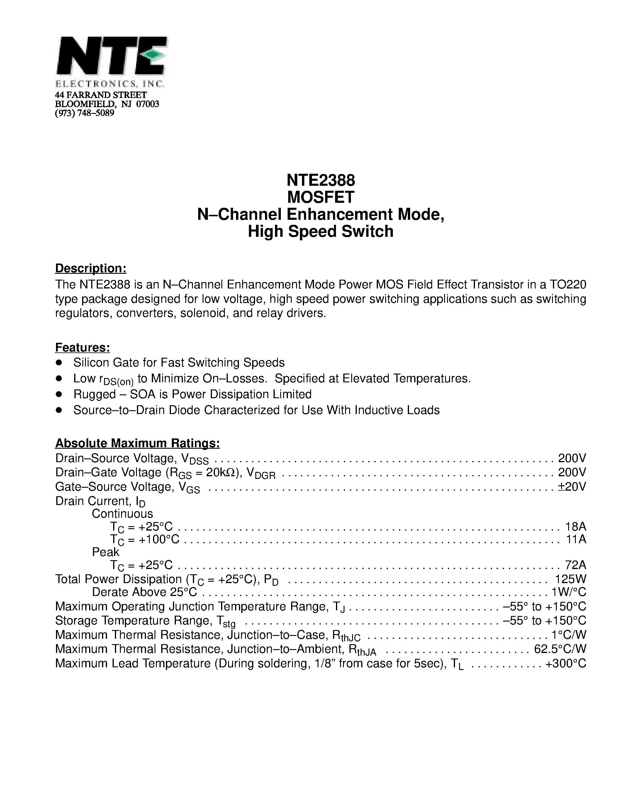 Datasheet NTE2388 - MOSFET N-Channel Enhancement Mode / High Speed Switch page 1
