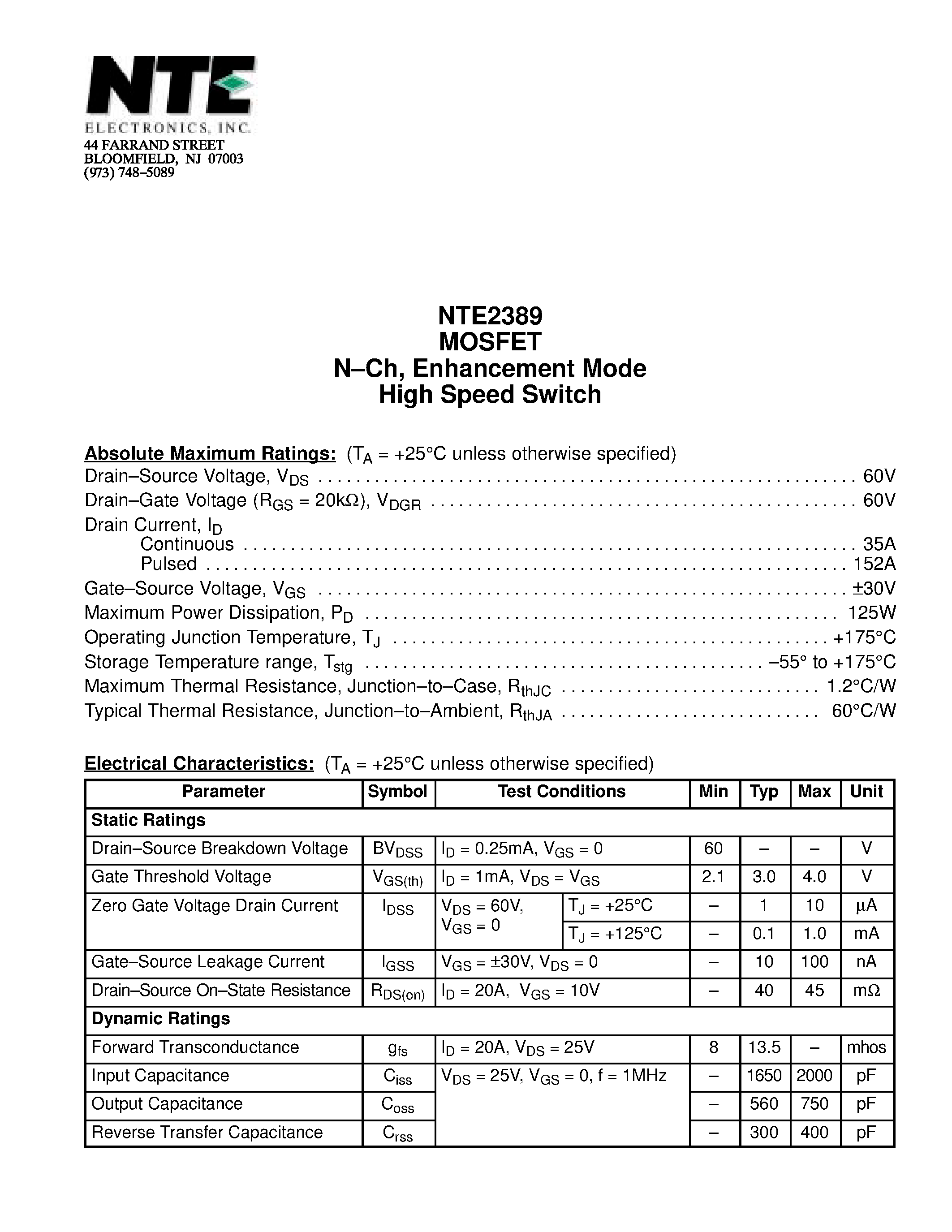 Datasheet NTE2389 - MOSFET N-Ch / Enhancement Mode High Speed Switch page 1