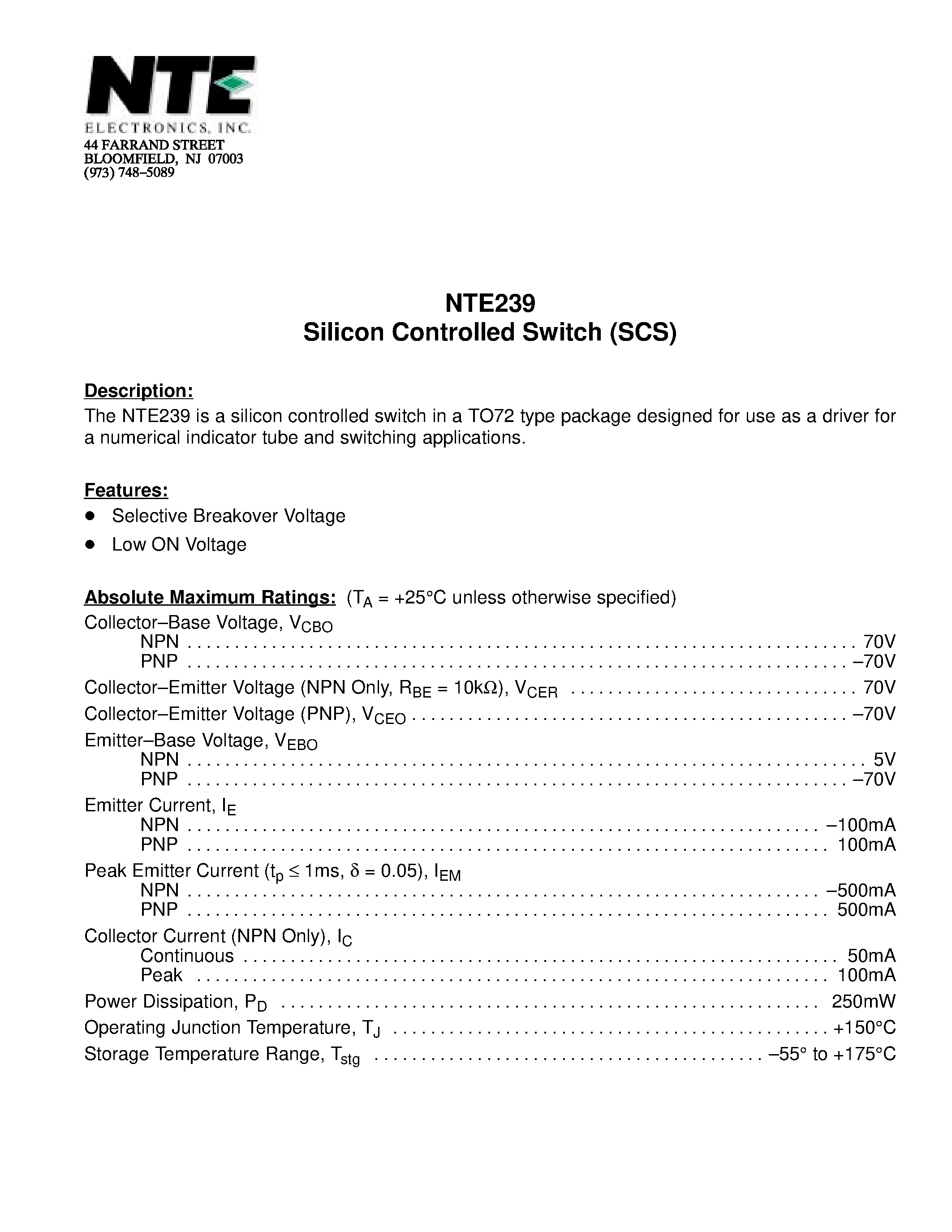 Datasheet NTE239 page 1 Datasheet NTE239 - Silicon Controlled Switch (SCS) page 1