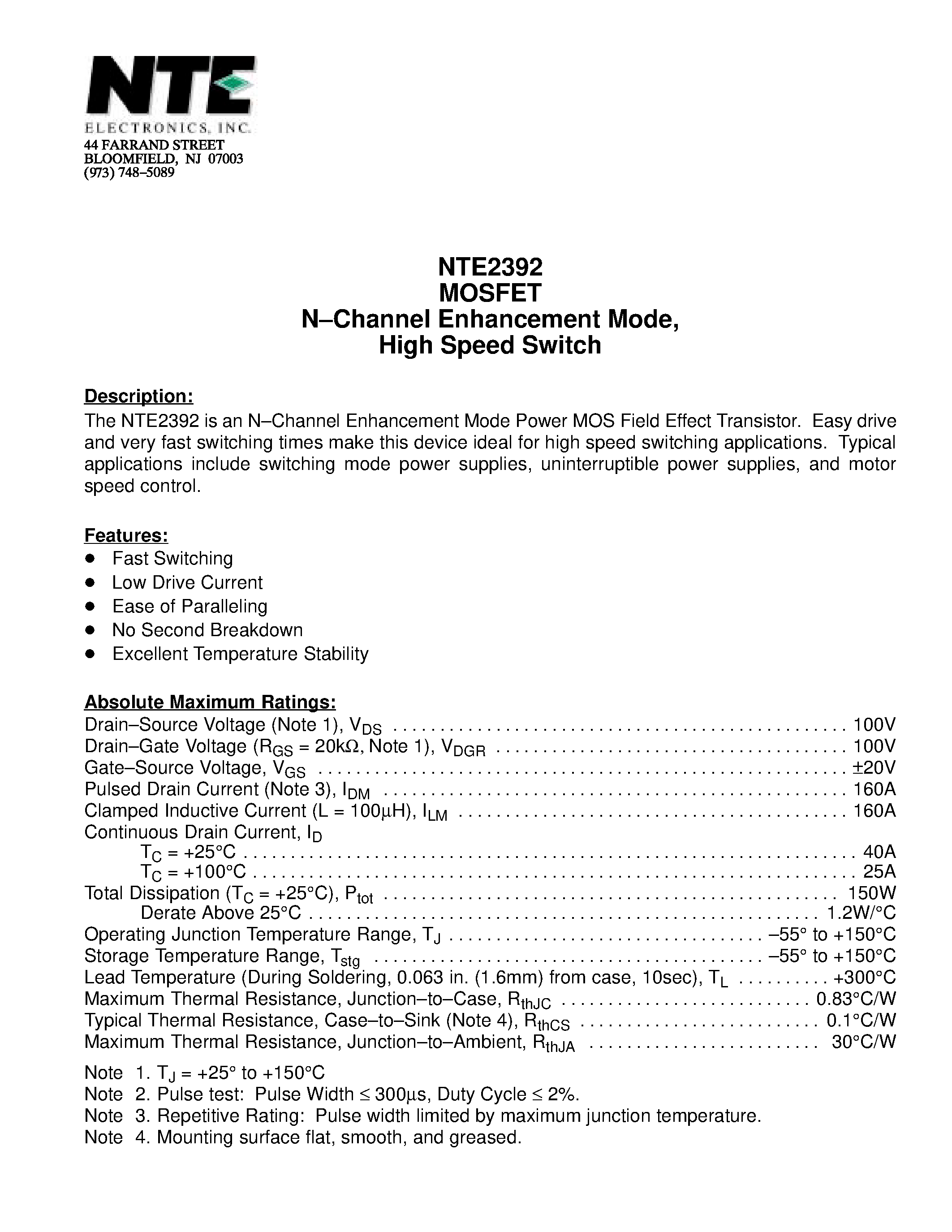 Datasheet NTE2392 - MOSFET N-Channel Enhancement Mode / High Speed Switch page 1