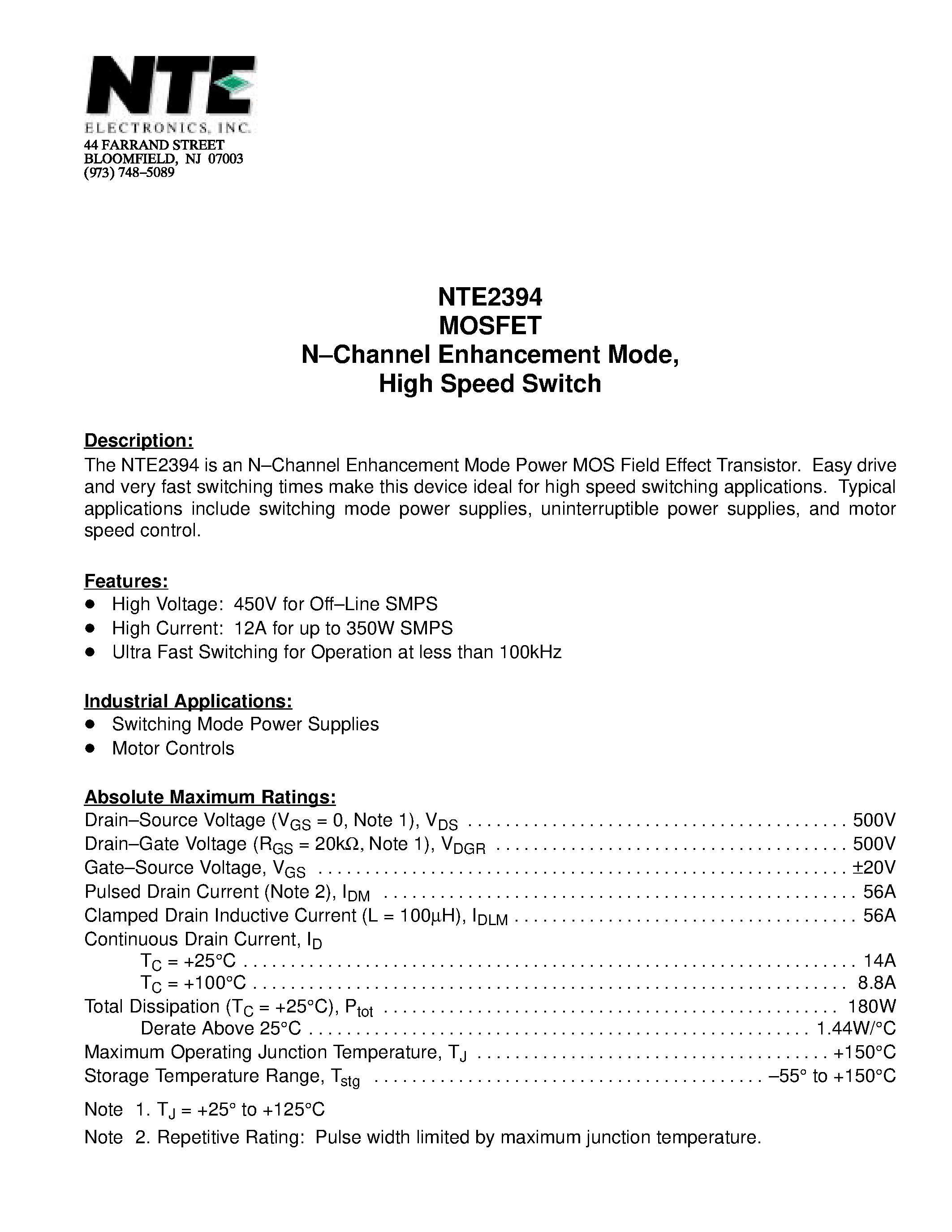 Datasheet NTE2394 - MOSFET N-Channel Enhancement Mode / High Speed Switch page 1