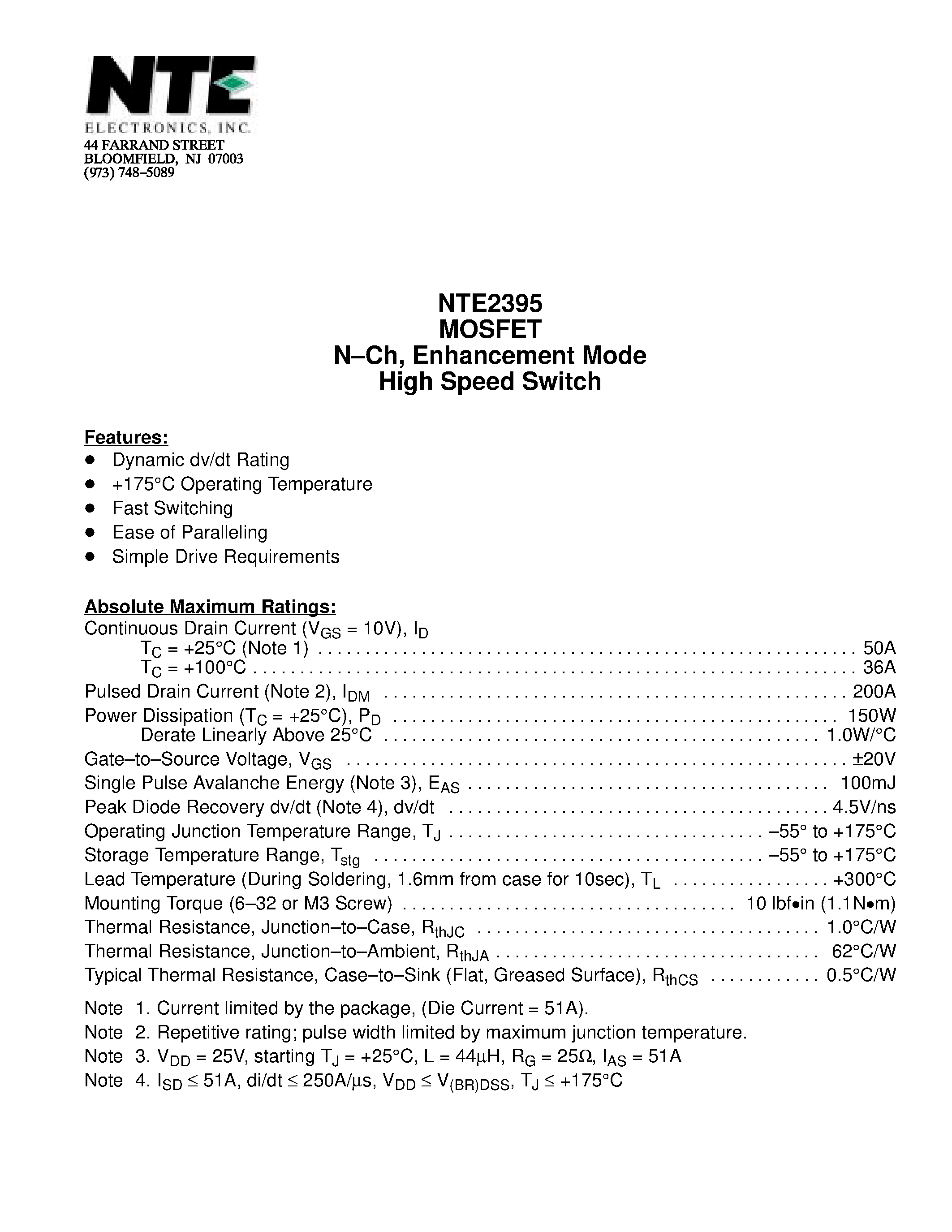 Datasheet NTE2395 - MOSFET N-Ch / Enhancement Mode High Speed Switch page 1