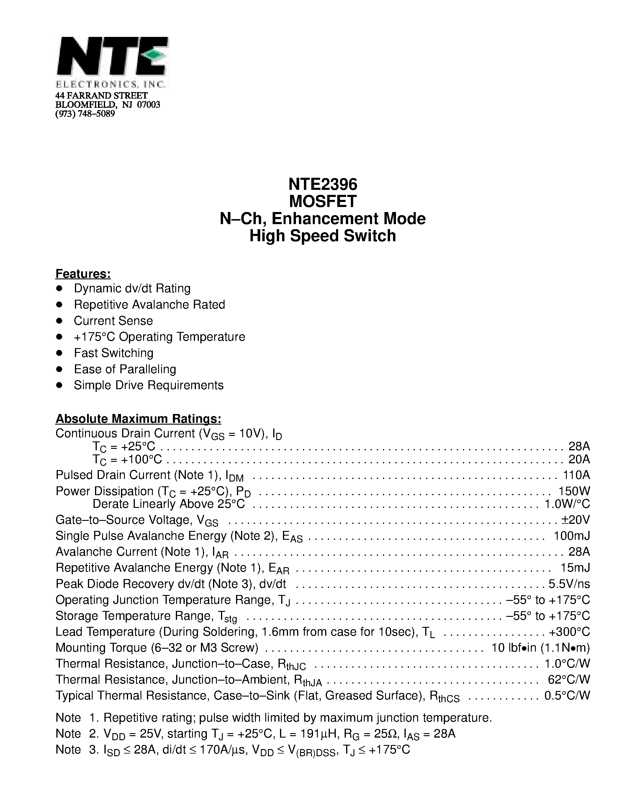 Datasheet NTE2396 - MOSFET N-Ch / Enhancement Mode High Speed Switch page 1