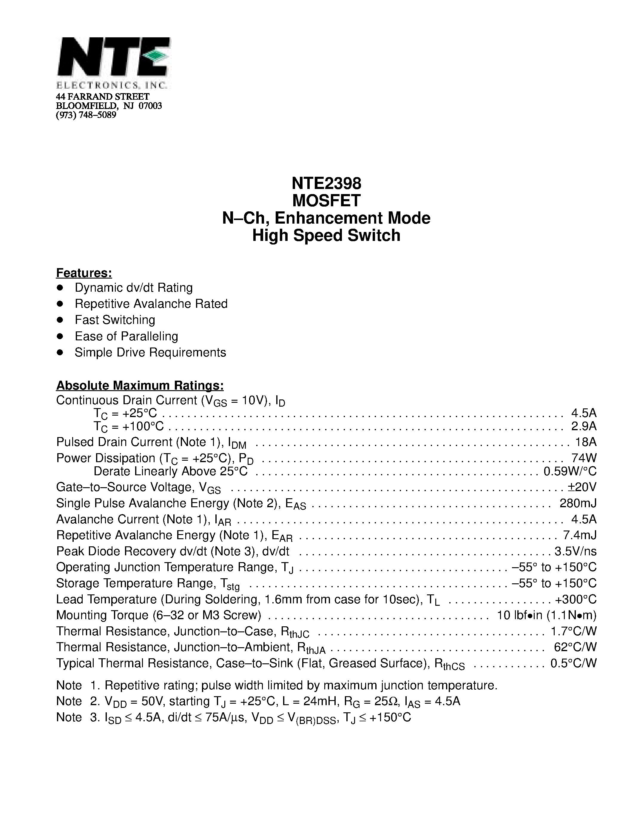 Datasheet NTE2398 - MOSFET N-Ch / Enhancement Mode High Speed Switch page 1
