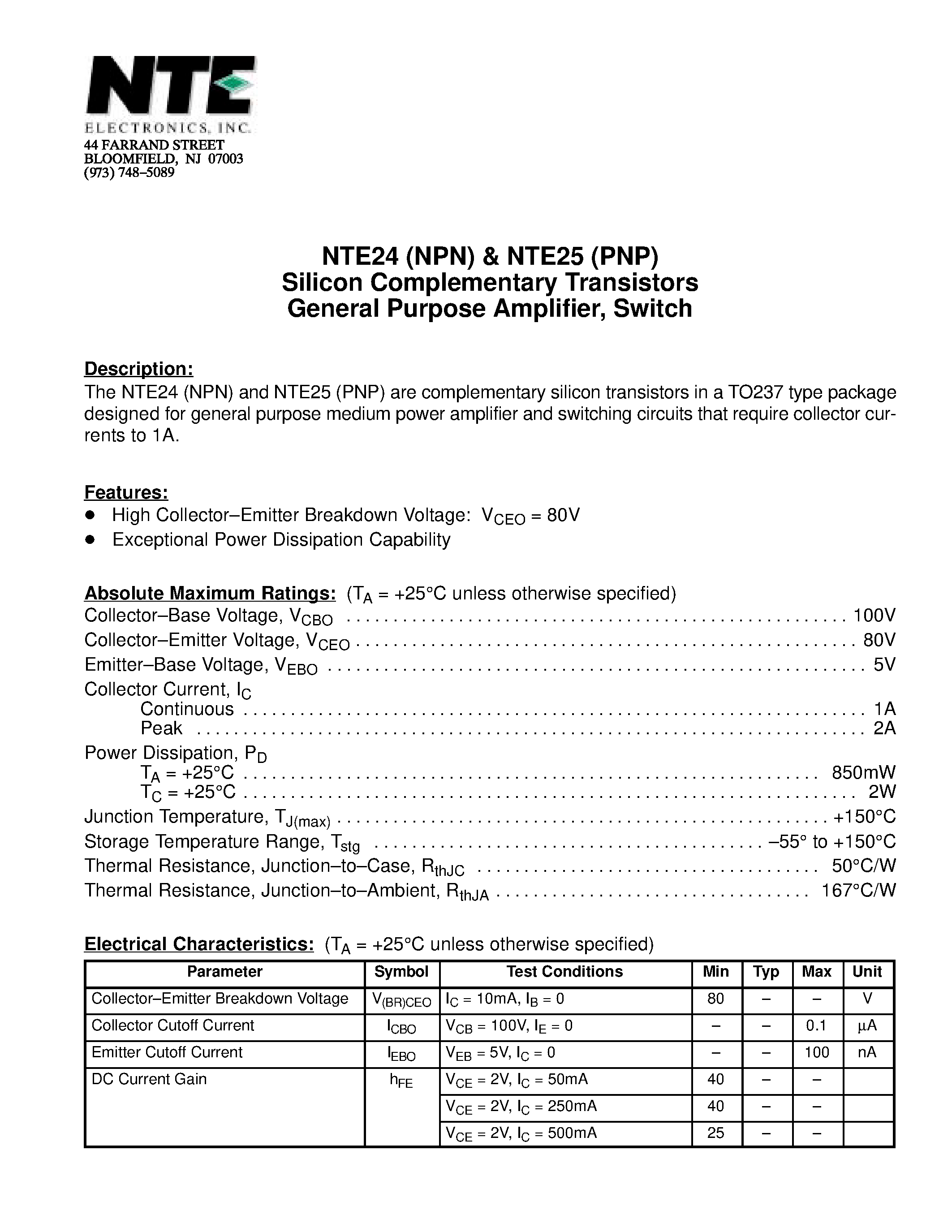Datasheet NTE24 - Silicon Complementary Transistors General Purpose Amplifier / Switch page 1