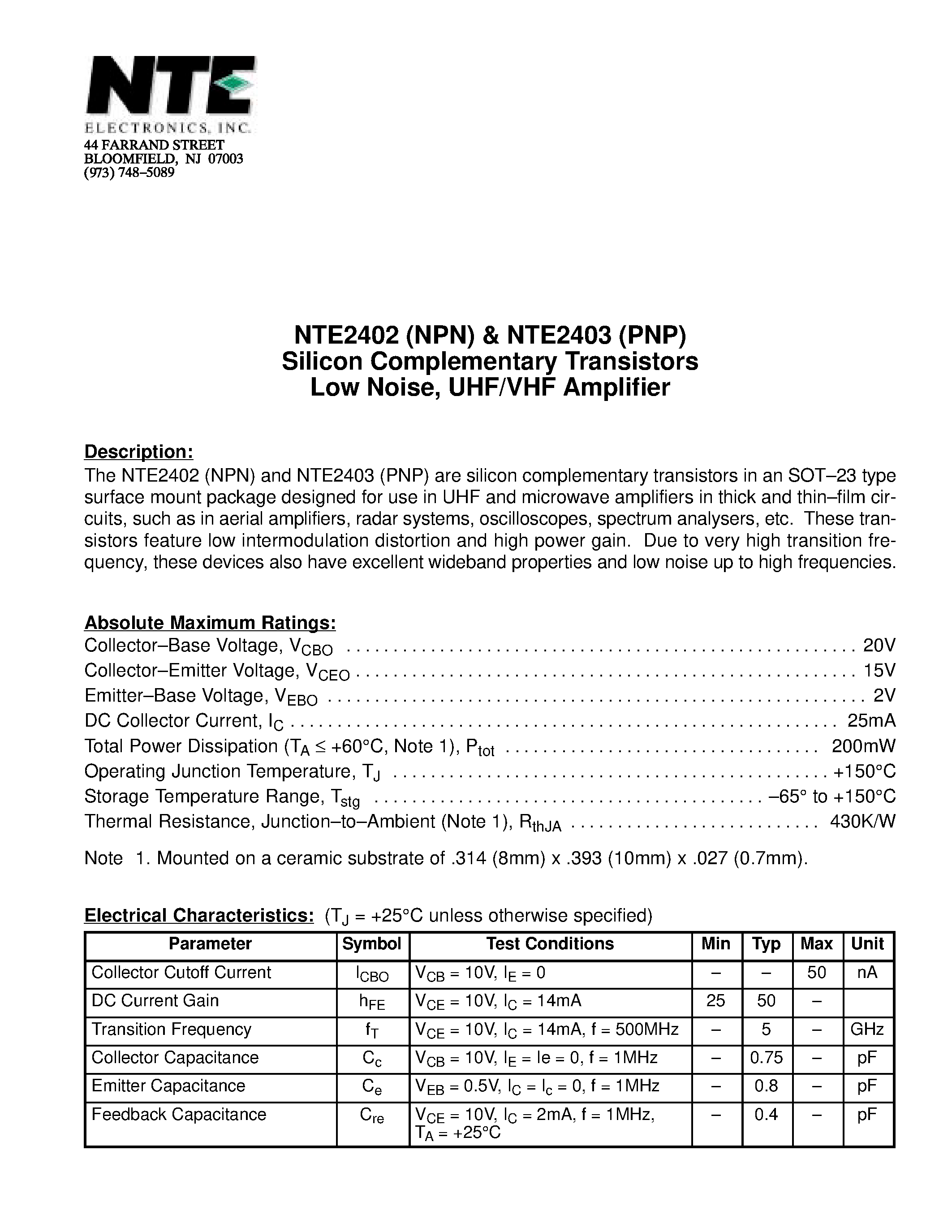 Datasheet NTE2402 - Silicon Complementary Transistors Low Noise / UHF/VHF Amplifier page 1
