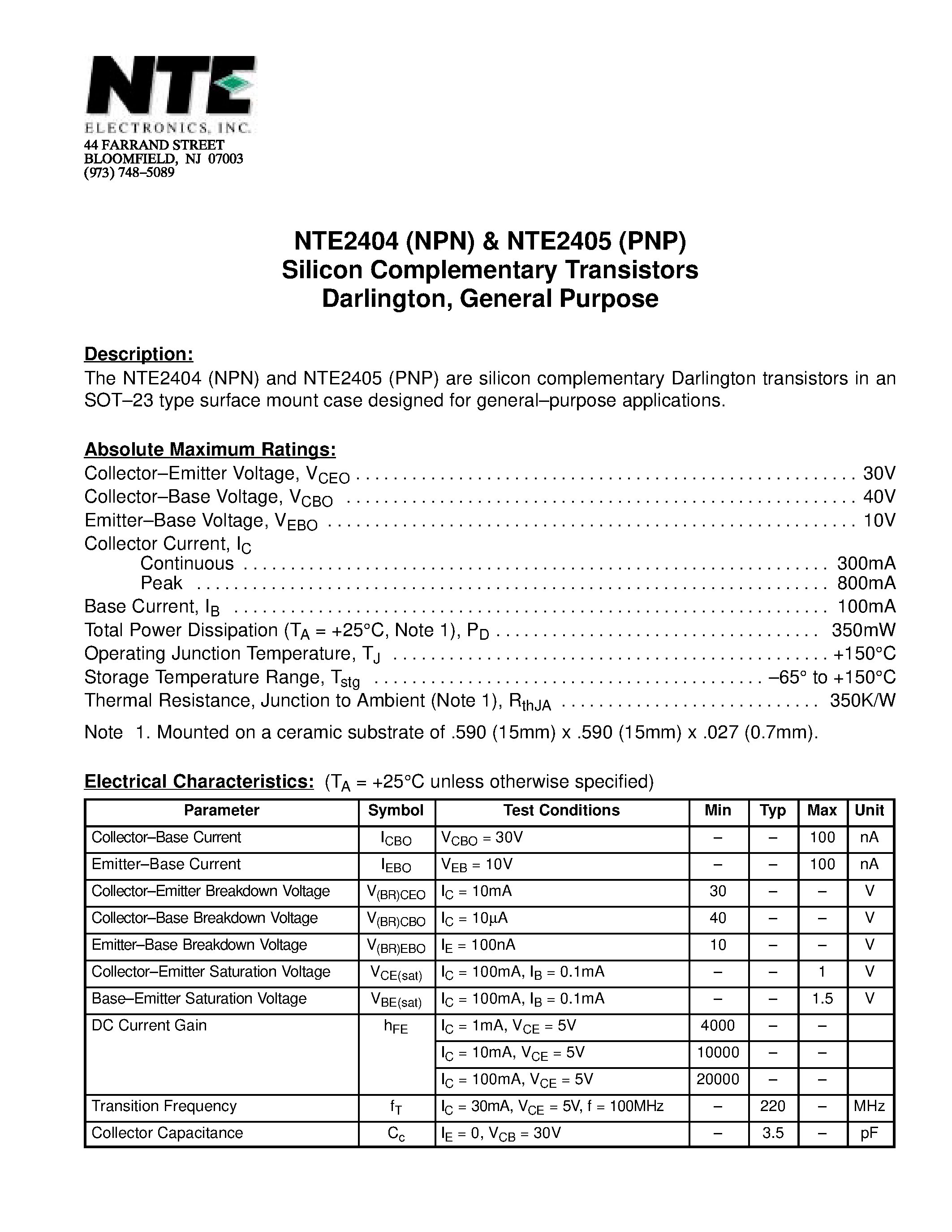 Datasheet NTE2404 - Silicon Complementary Transistors Darlington / General Purpose page 1