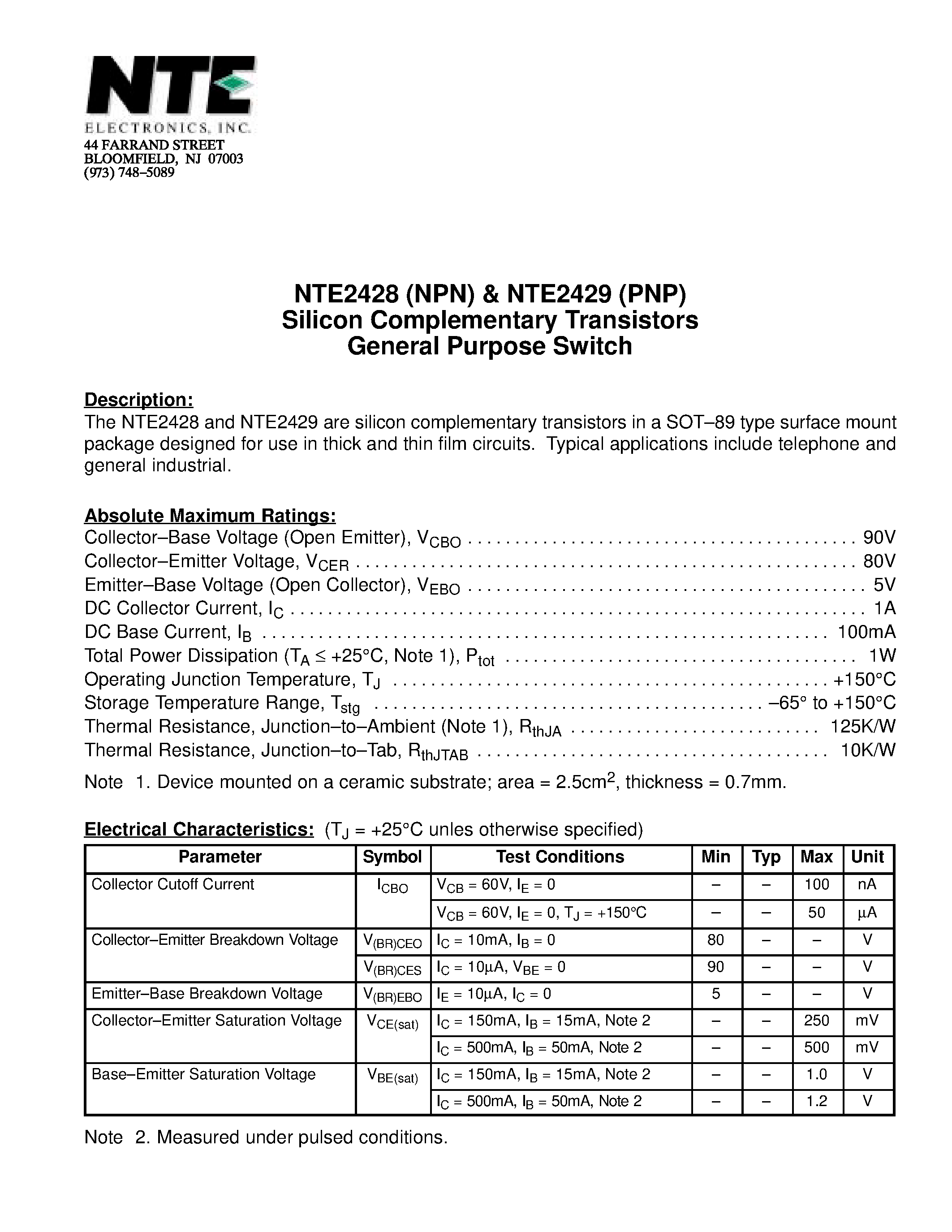 Datasheet NTE2428 - Silicon Complementary Transistors General Purpose Switch page 1