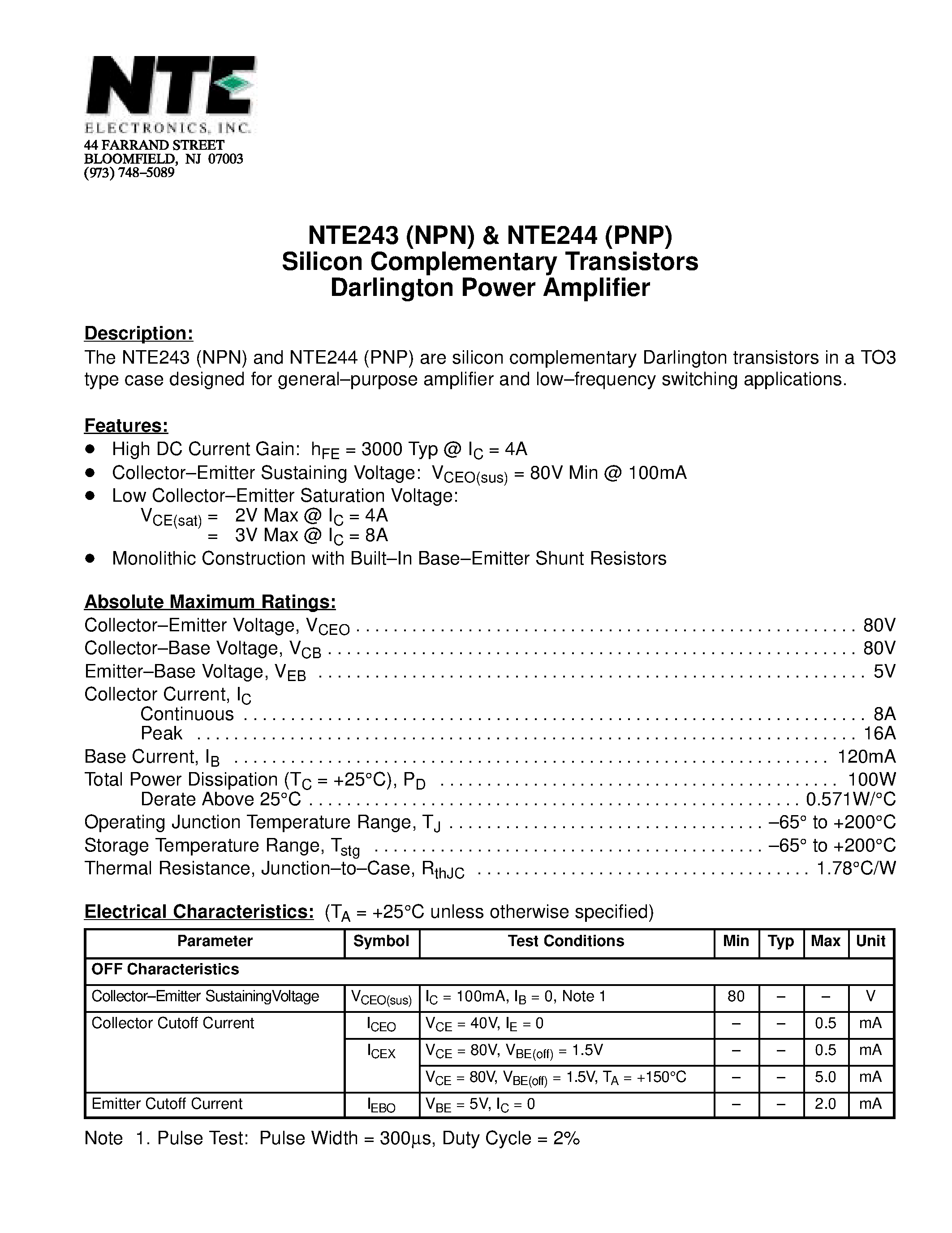 Datasheet NTE243 - Silicon Complementary Transistors Darlington Power Amplifier page 1