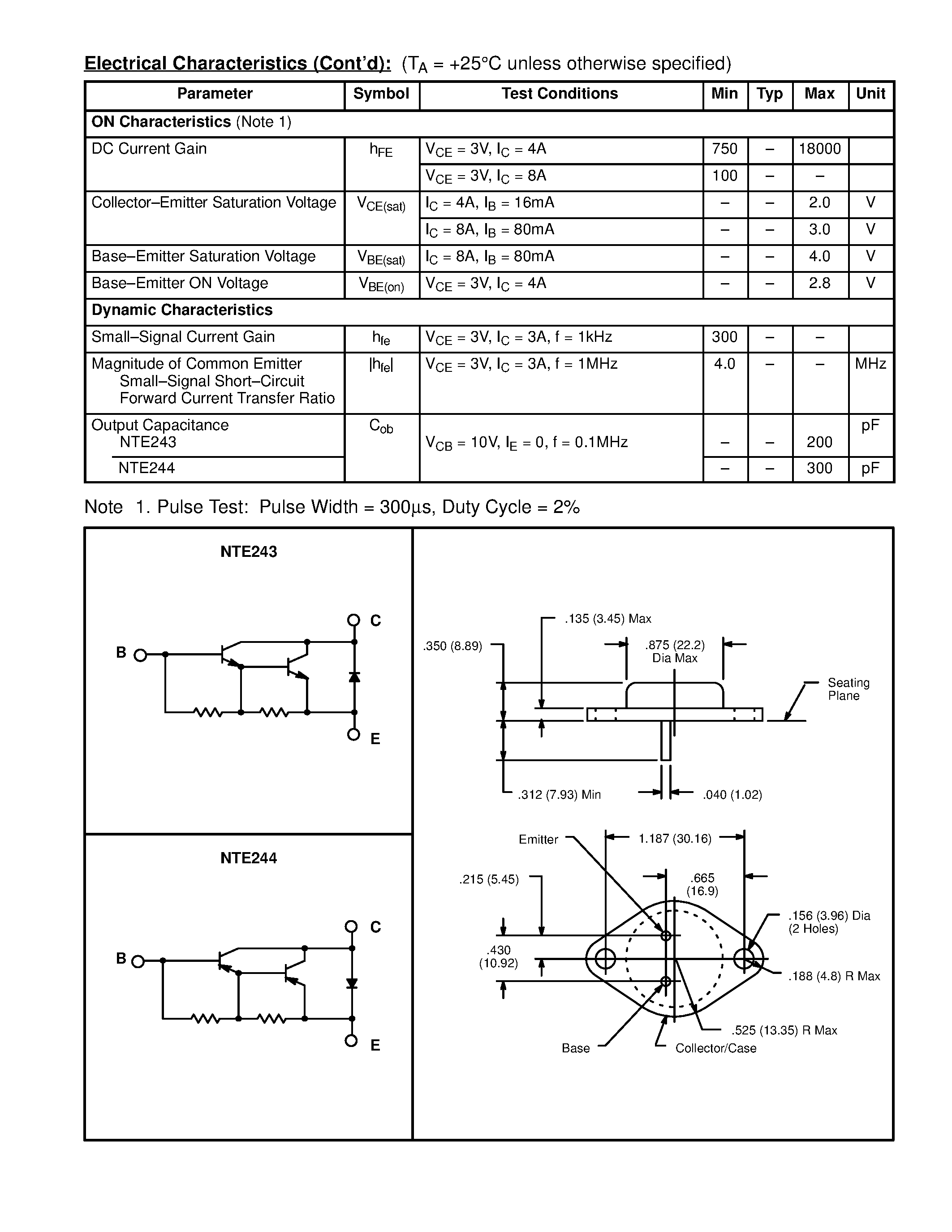 Datasheet NTE243 - Silicon Complementary Transistors Darlington Power Amplifier page 2