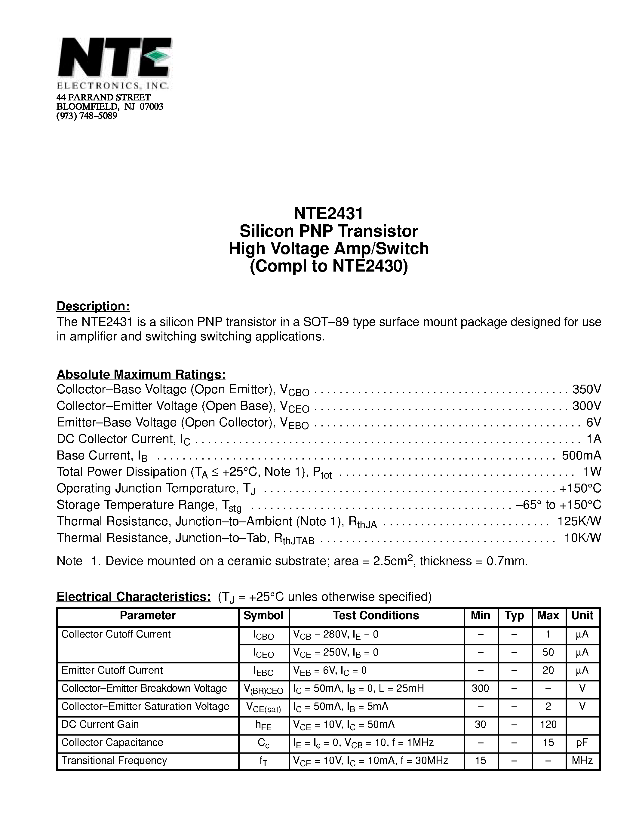 Datasheet NTE2431 page 1 Datasheet NTE2431 - Silicon PNP Transistor High Voltage Amp/Switch (Compl to NTE2430) page 1