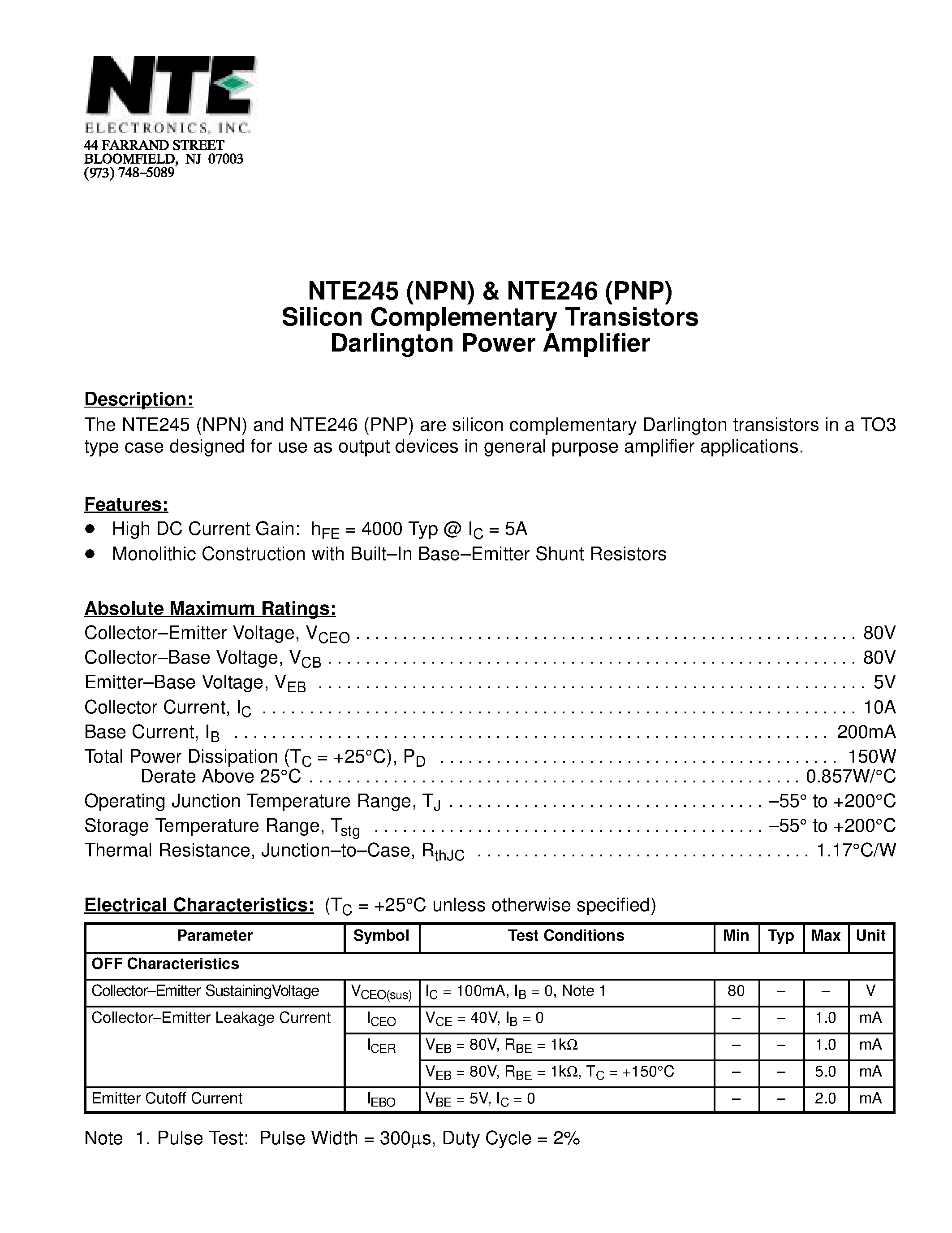 Datasheet NTE245 - Silicon Complementary Transistors Darlington Power Amplifier page 1