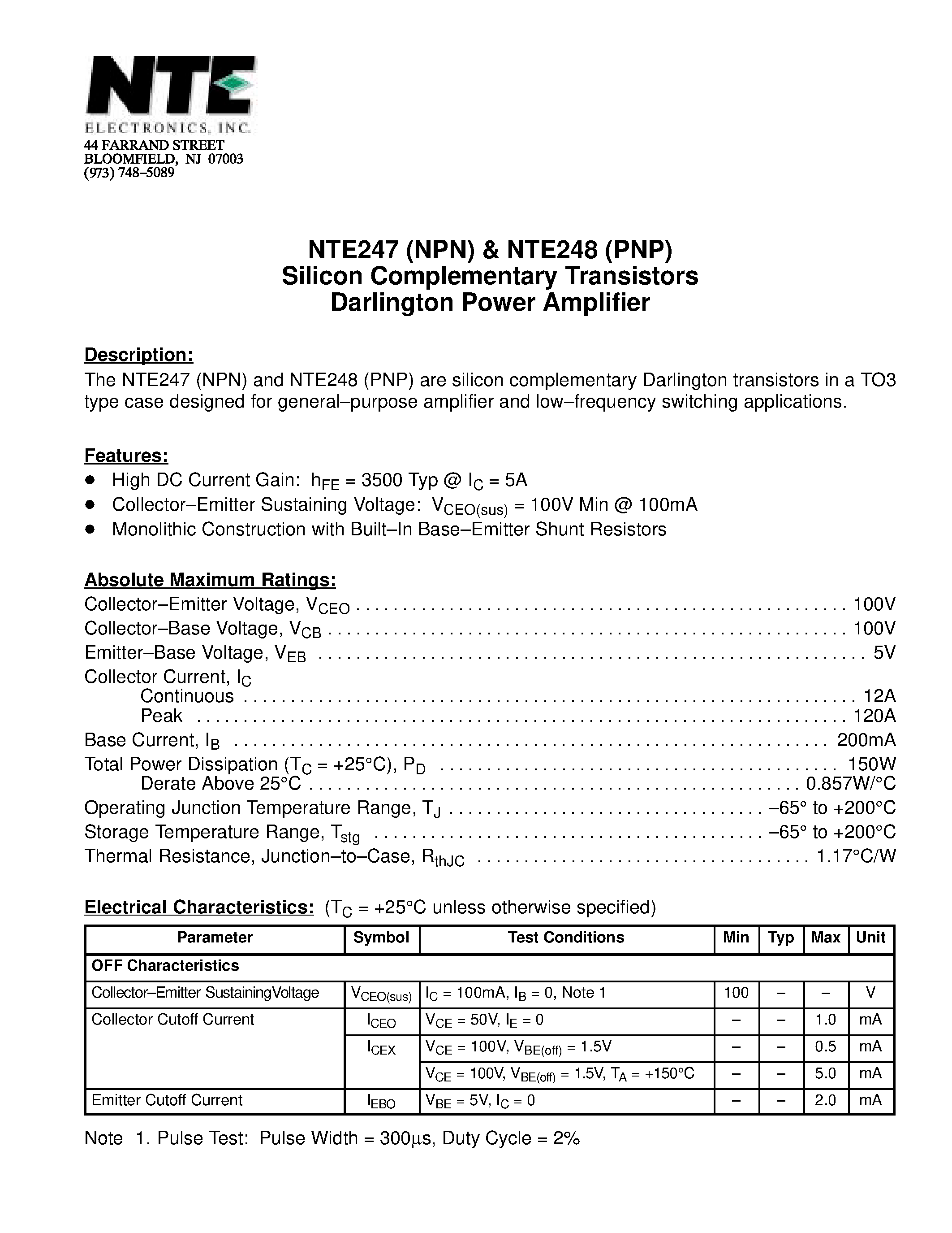 Datasheet NTE247 - Silicon Complementary Transistors Darlington Power Amplifier page 1