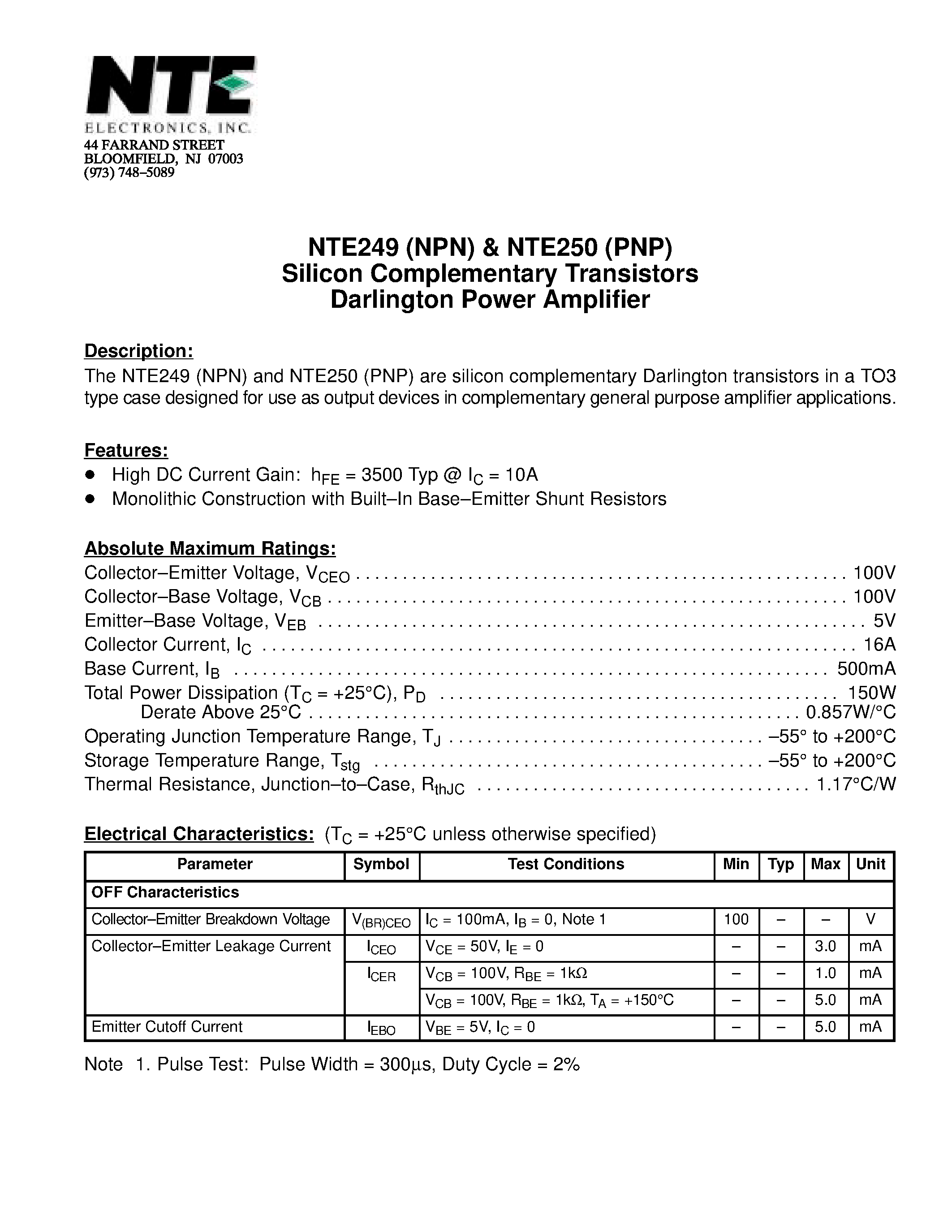 Datasheet NTE249 - Silicon Complementary Transistors Darlington Power Amplifier page 1