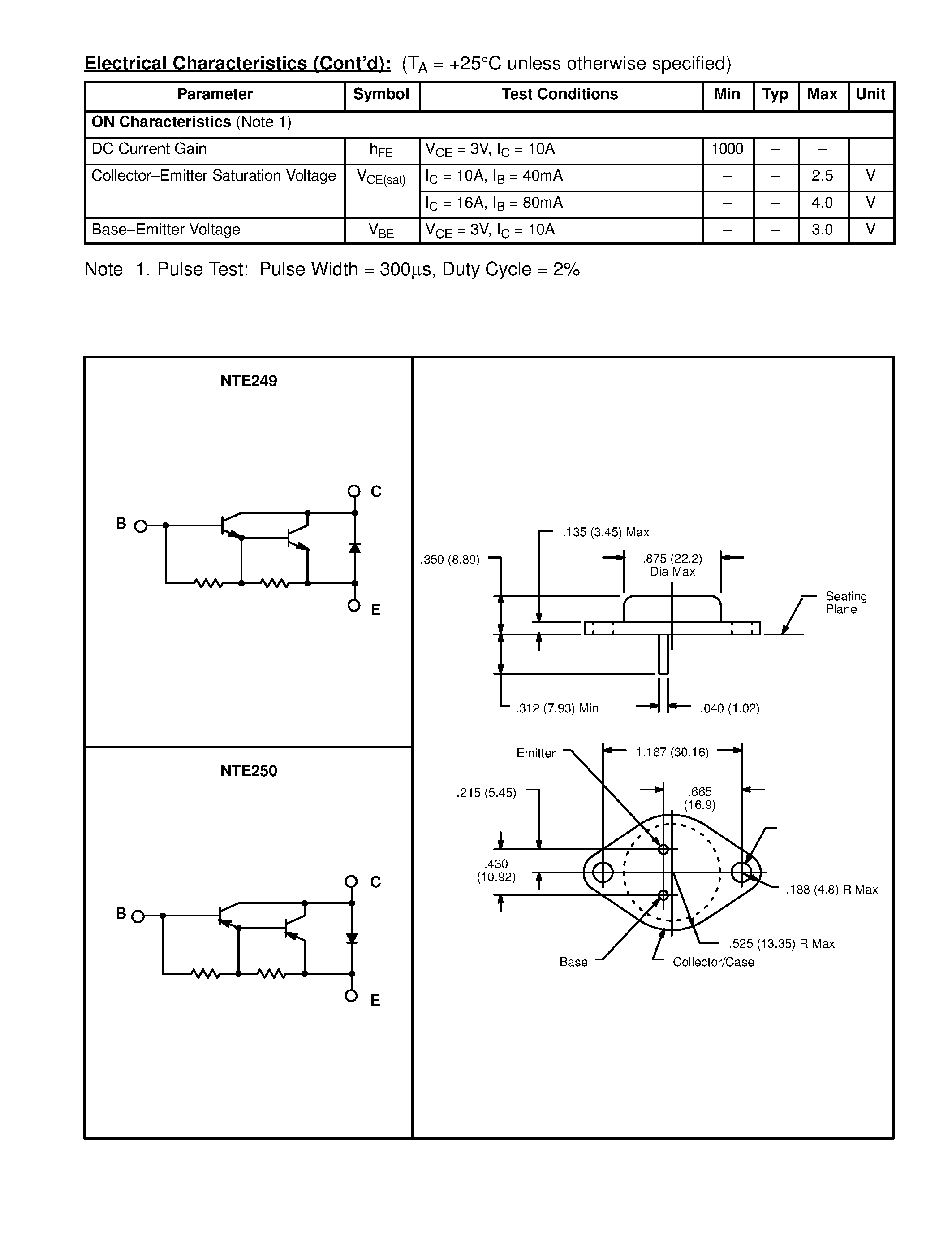 Datasheet NTE249 - Silicon Complementary Transistors Darlington Power Amplifier page 2
