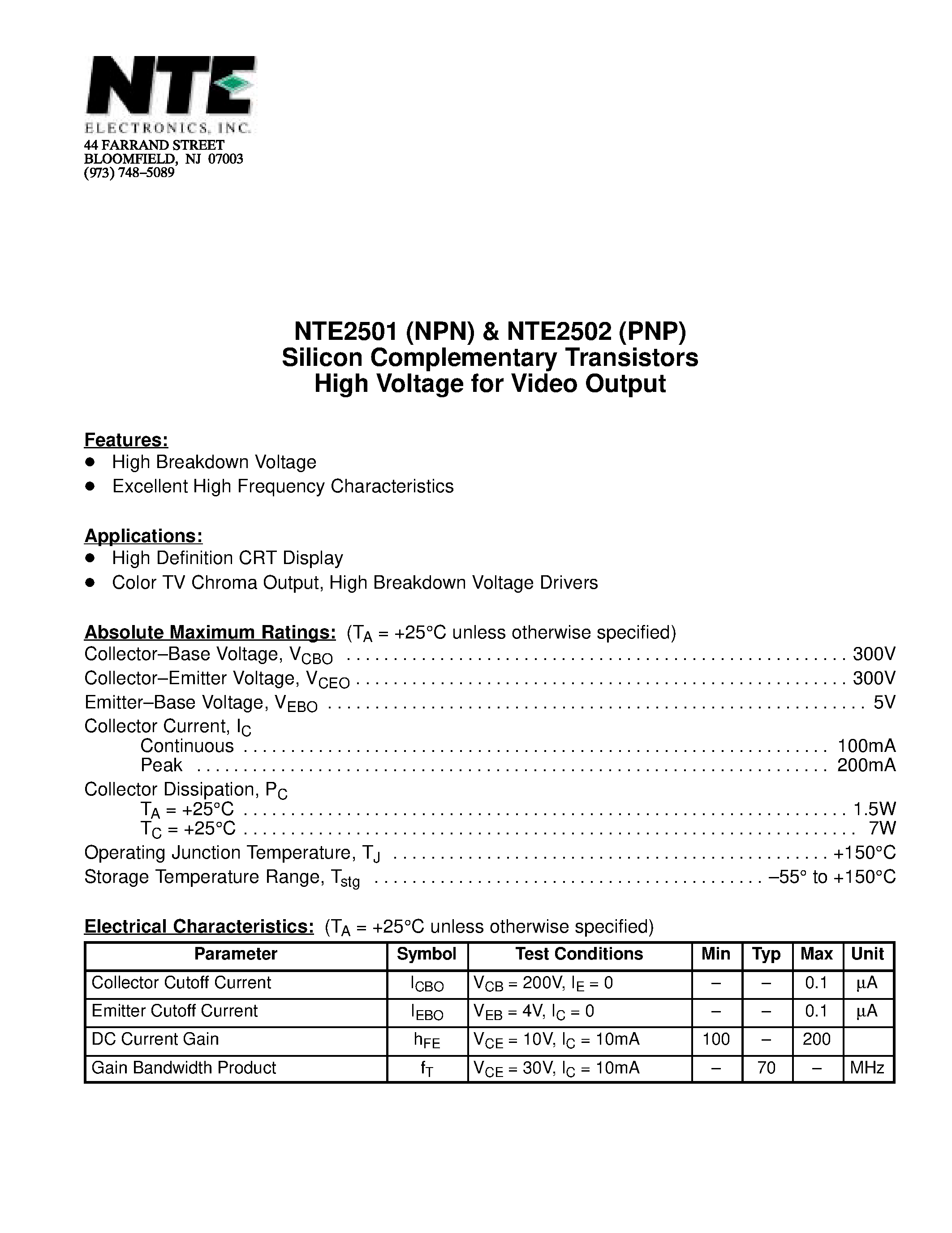 Datasheet NTE2501 - Silicon Complementary Transistors High Voltage for Video Output page 1