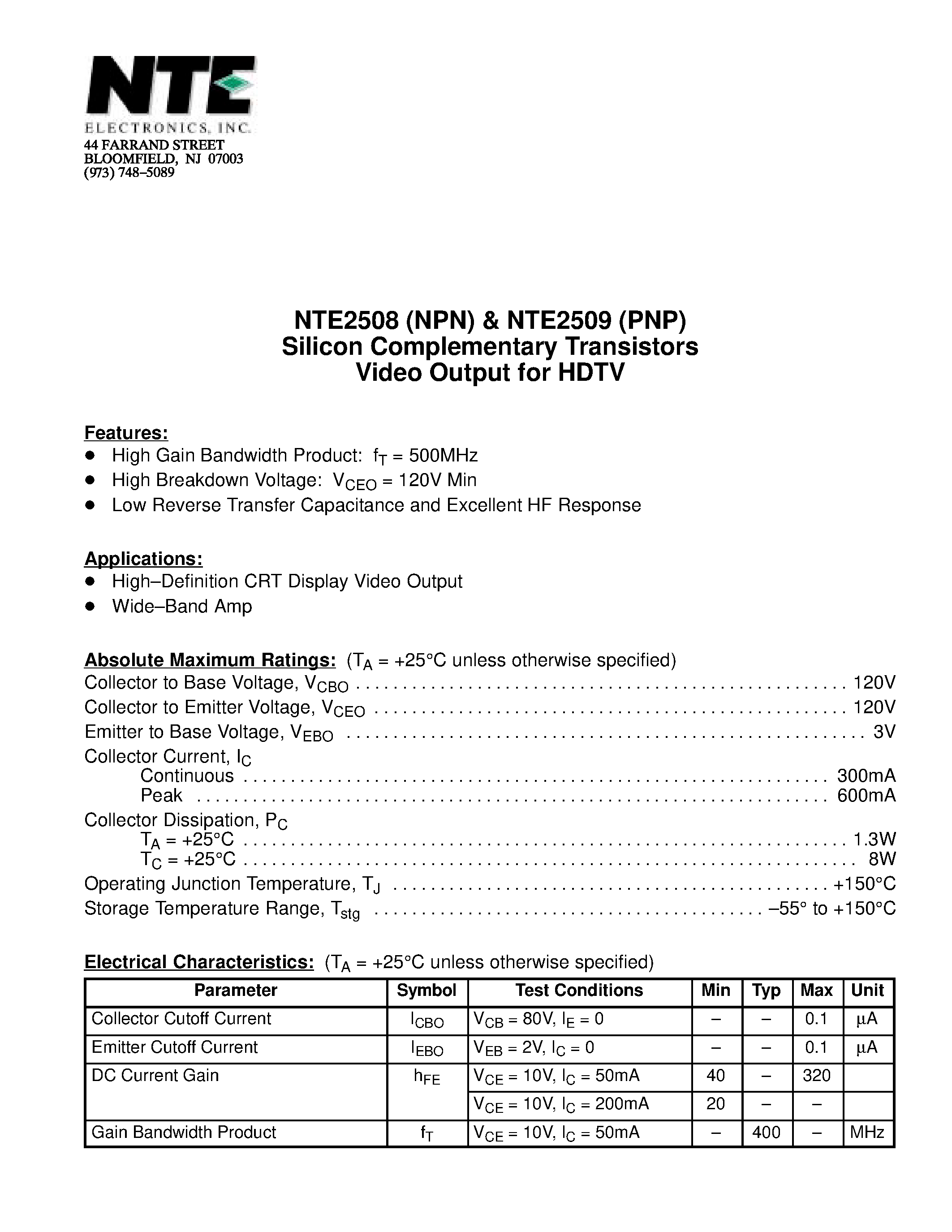 Datasheet NTE2508 - Silicon Complementary Transistors Video Output for HDTV page 1