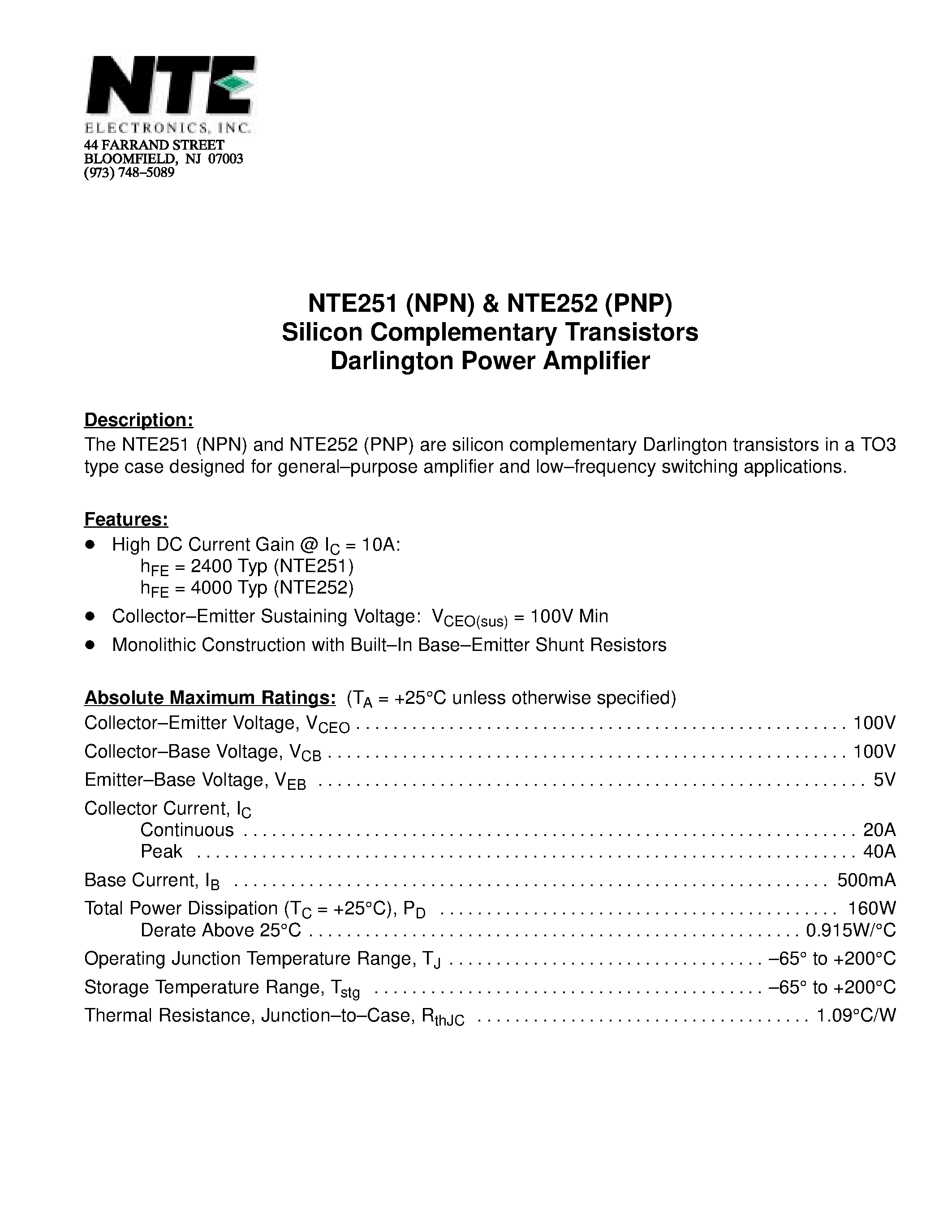 Datasheet NTE251 - Silicon Complementary Transistors Darlington Power Amplifier page 1