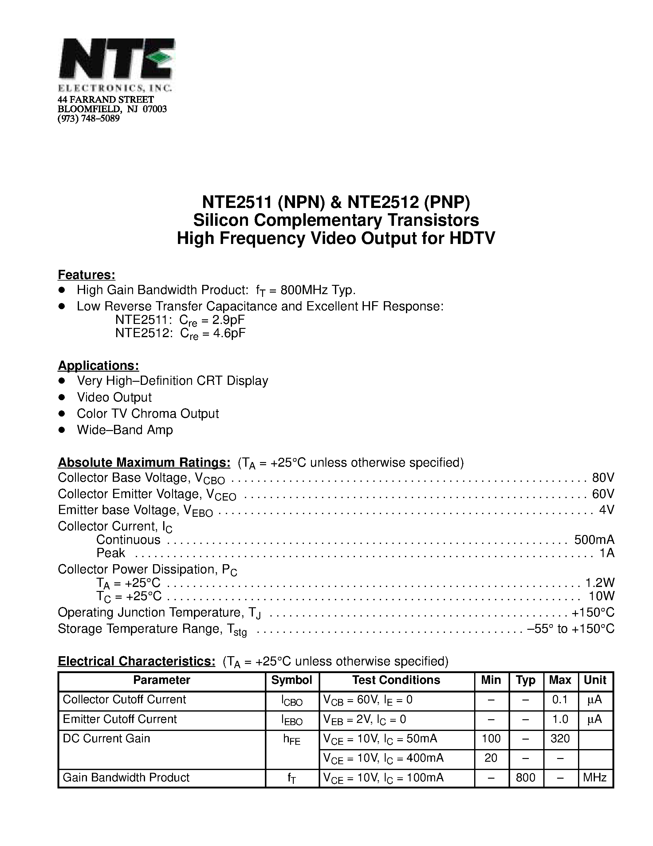 Datasheet NTE2511 - Silicon Complementary Transistors High Frequency Video Output for HDTV page 1