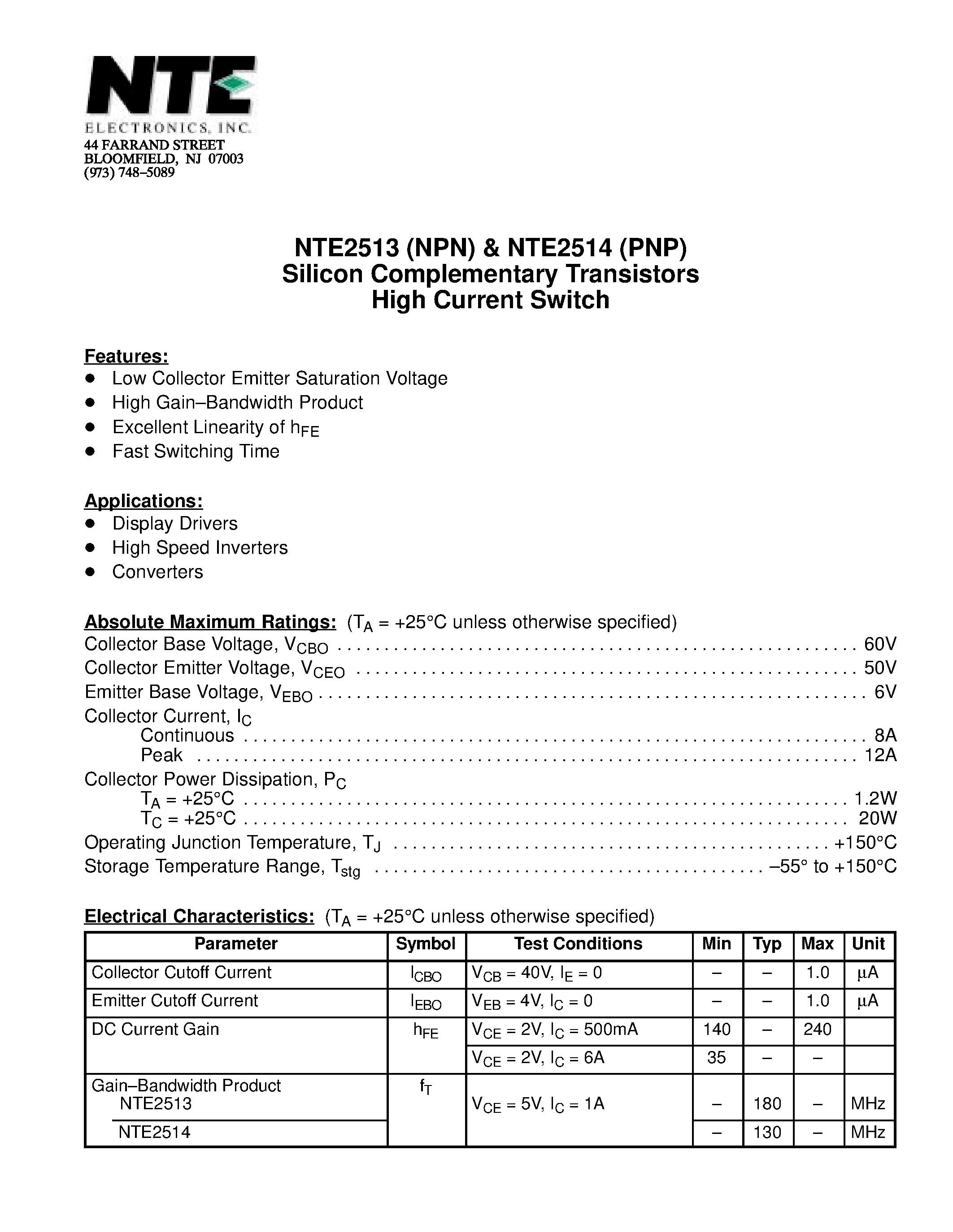 Datasheet NTE2513 - Silicon Complementary Transistors High Current Switch page 1