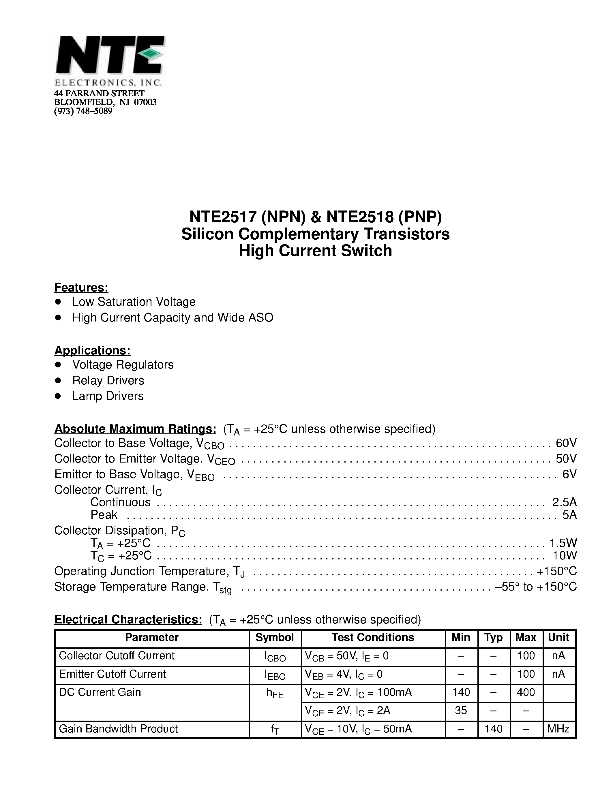 Datasheet NTE2517 - Silicon Complementary Transistors High Current Switch page 1