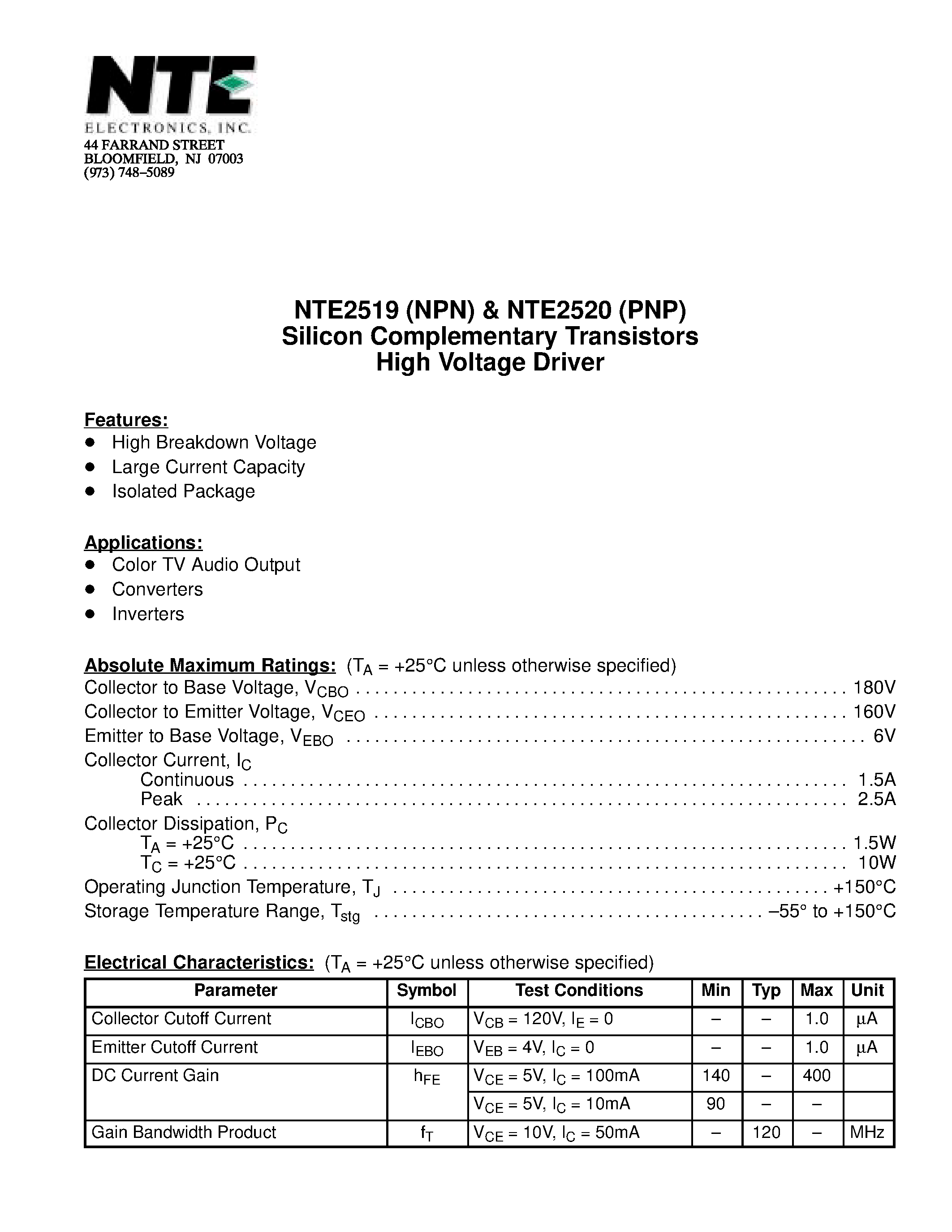Datasheet NTE2519 - Silicon Complementary Transistors High Voltage Driver page 1