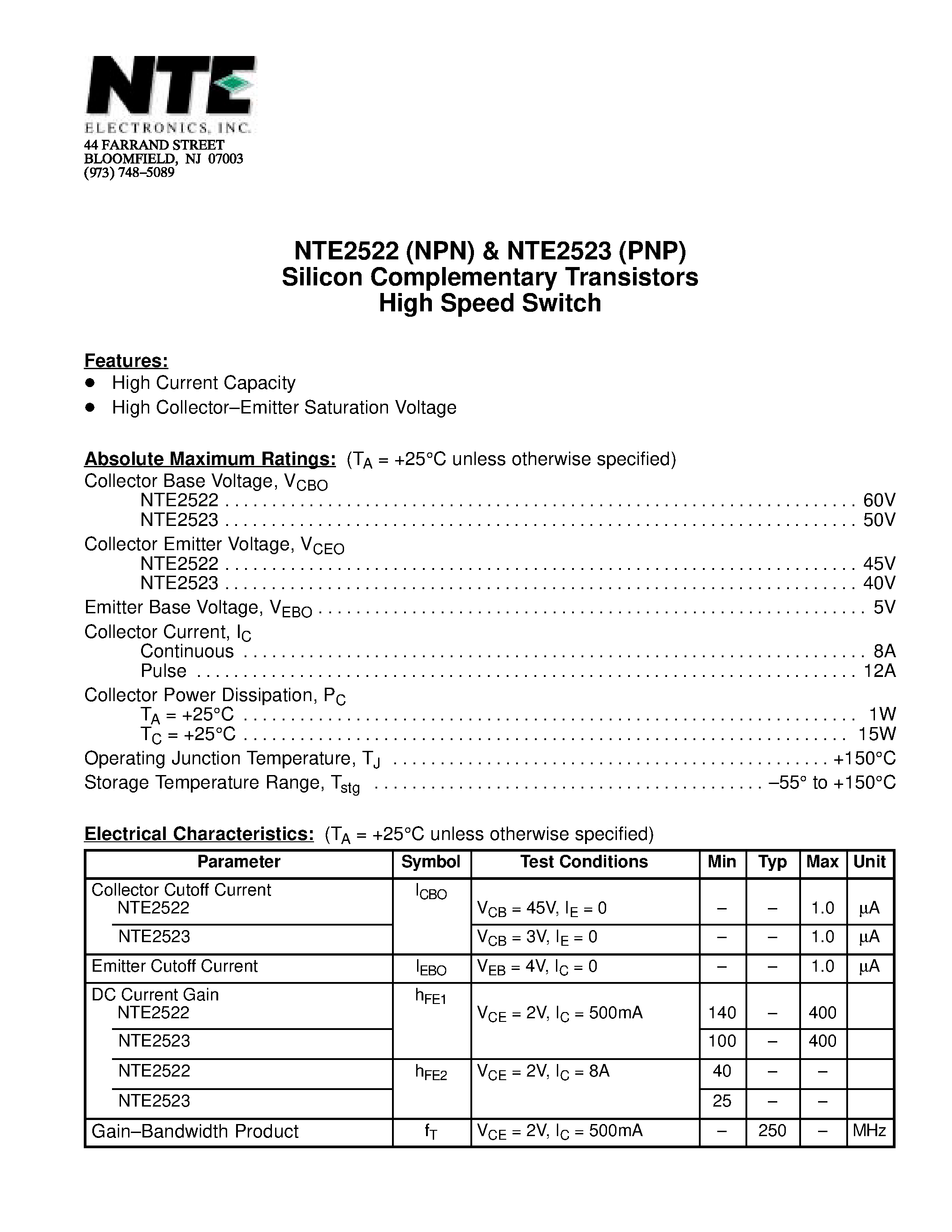 Datasheet NTE2522 - Silicon Complementary Transistors High Speed Switch page 1