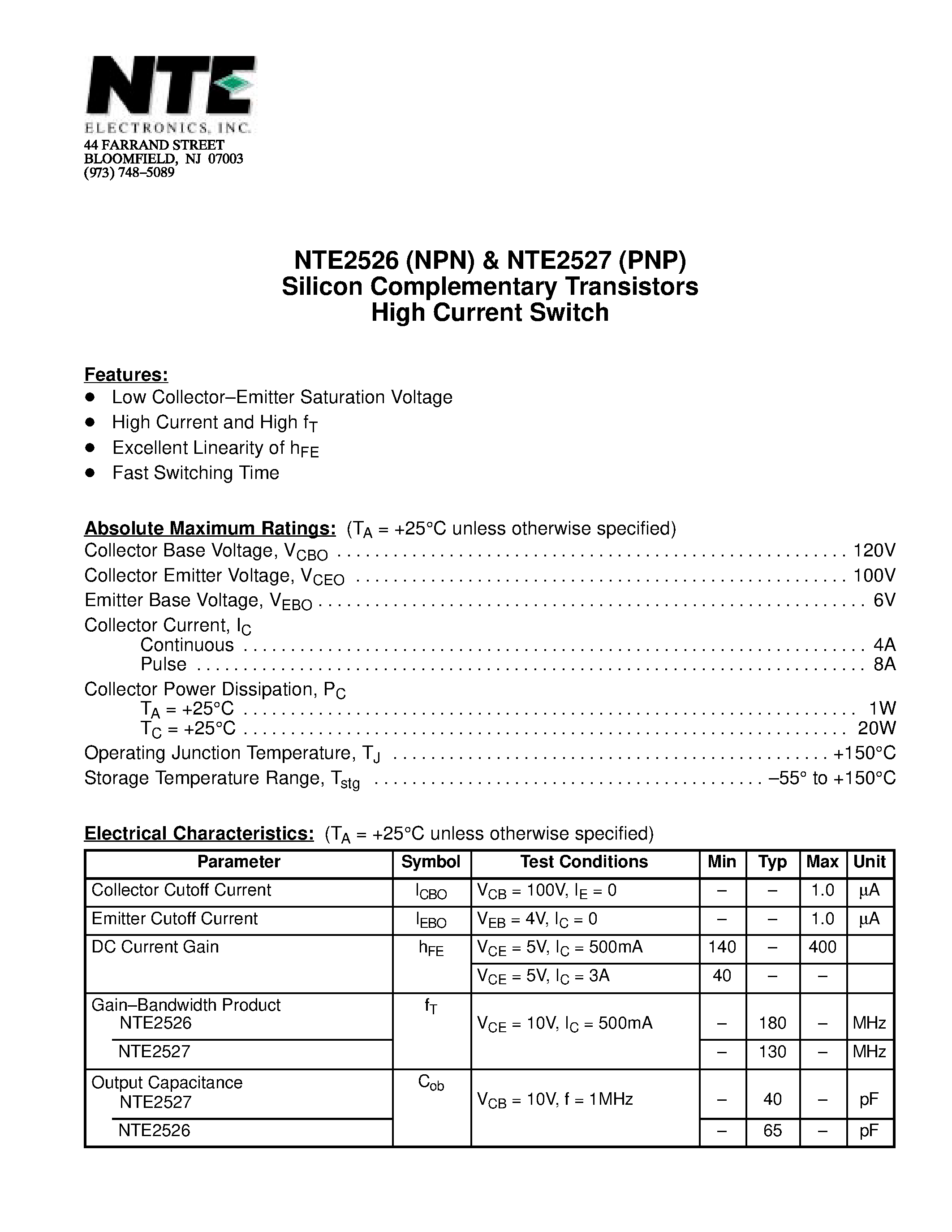 Datasheet NTE2526 - Silicon Complementary Transistors High Current Switch page 1
