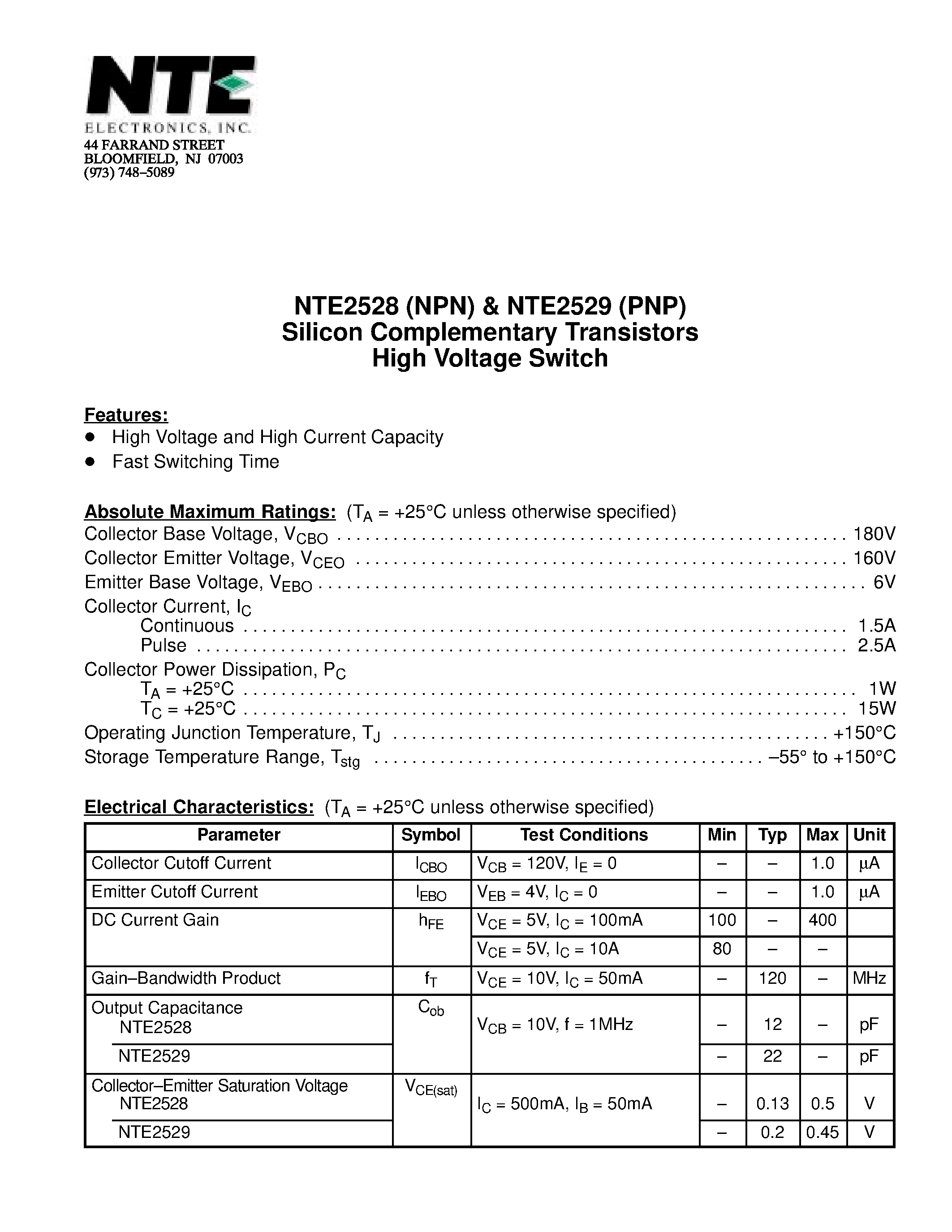 Datasheet NTE2528 - Silicon Complementary Transistors High Voltage Switch page 1
