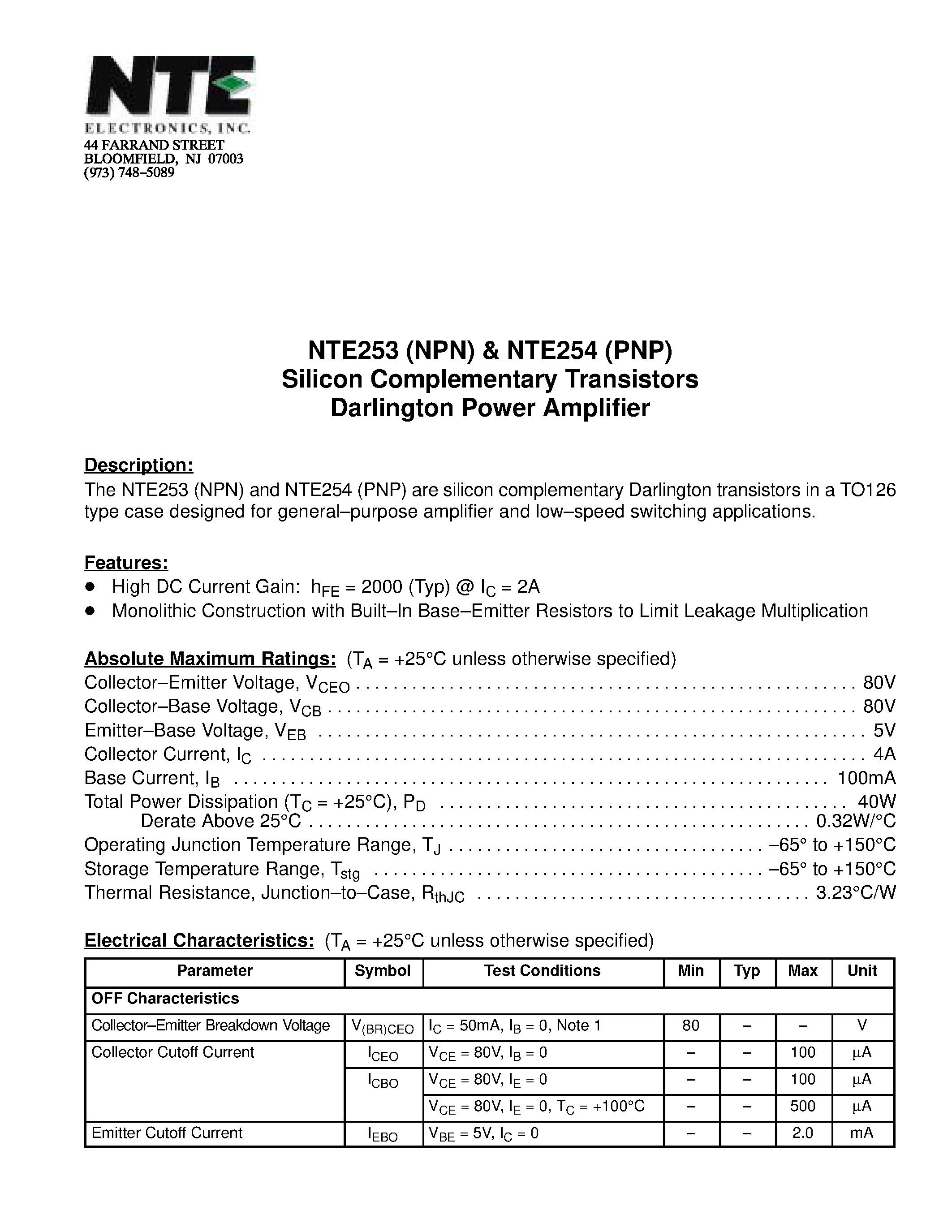Datasheet NTE253 - Silicon Complementary Transistors Darlington Power Amplifier page 1