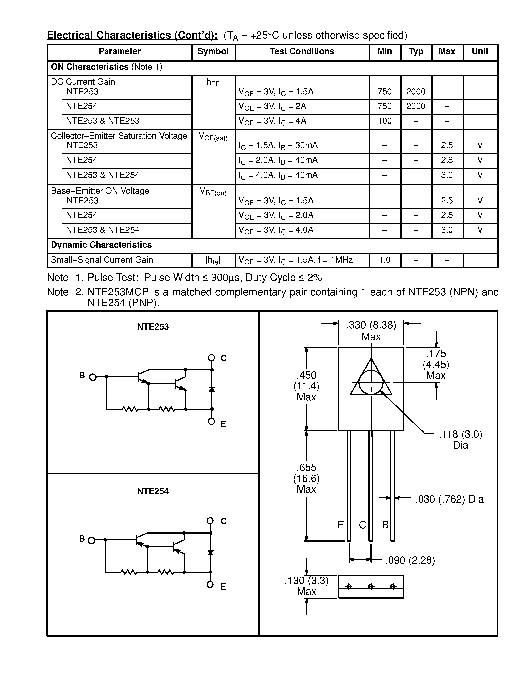 Datasheet NTE253 - Silicon Complementary Transistors Darlington Power Amplifier page 2