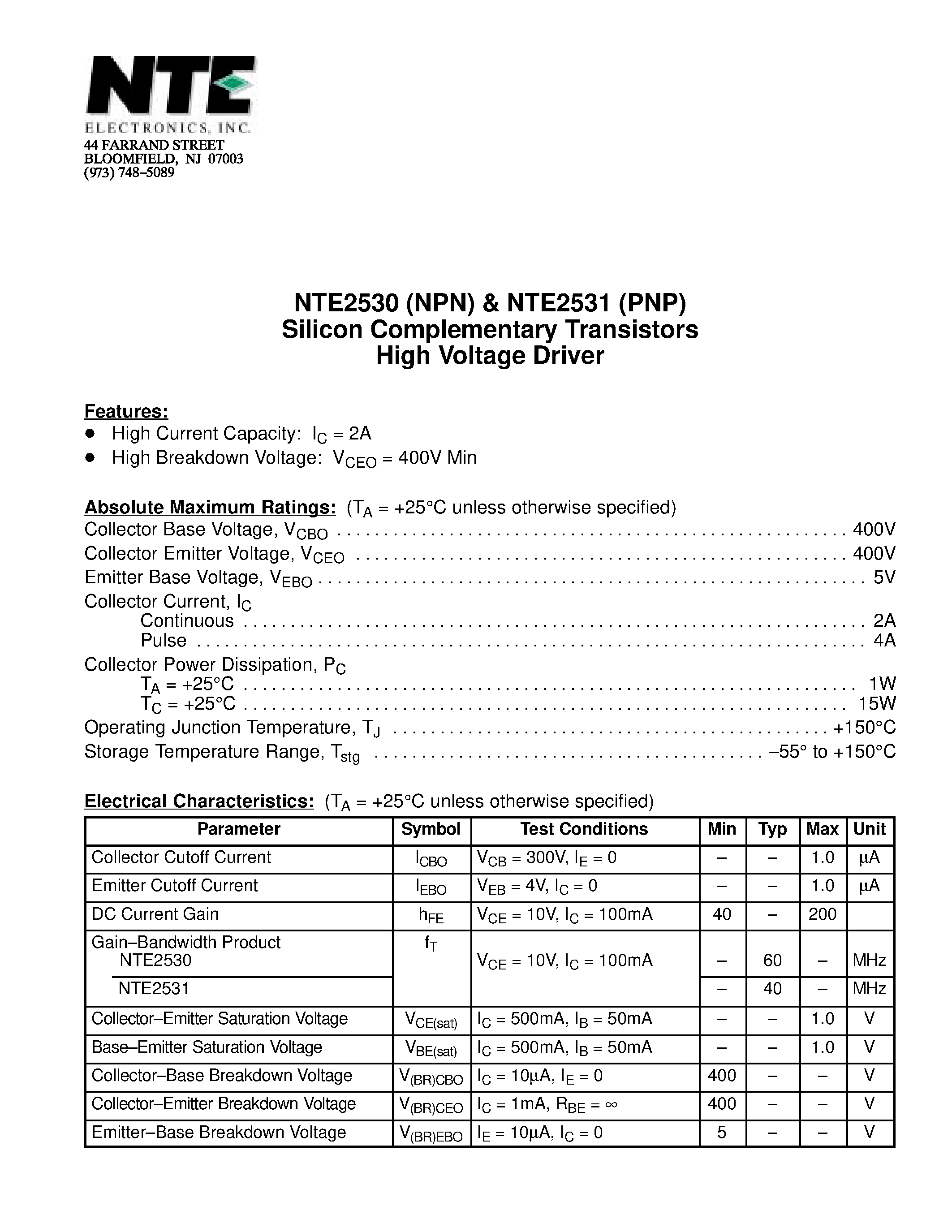 Datasheet NTE2530 - Silicon Complementary Transistors High Voltage Driver page 1