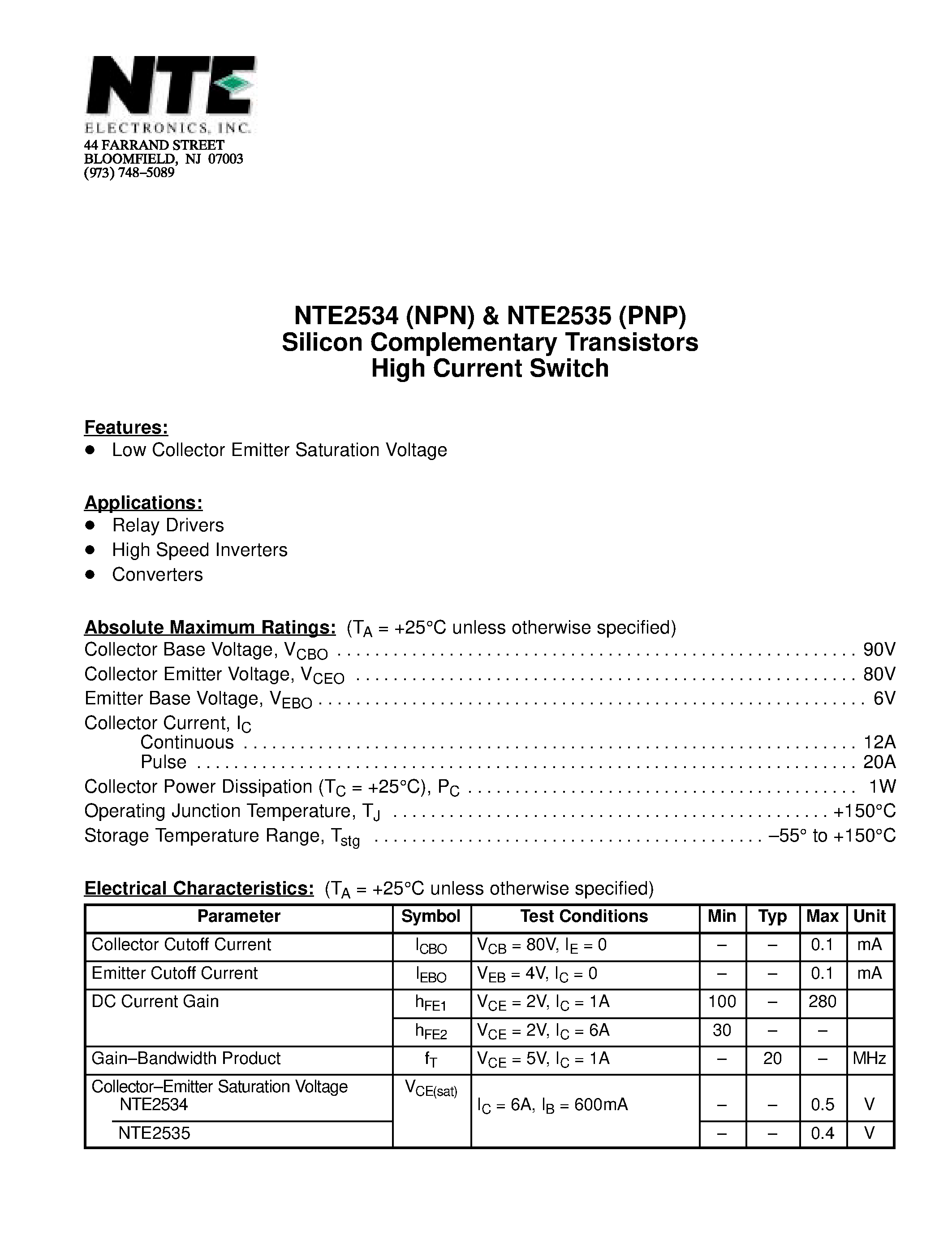 Datasheet NTE2534 - Silicon Complementary Transistors High Current Switch page 1