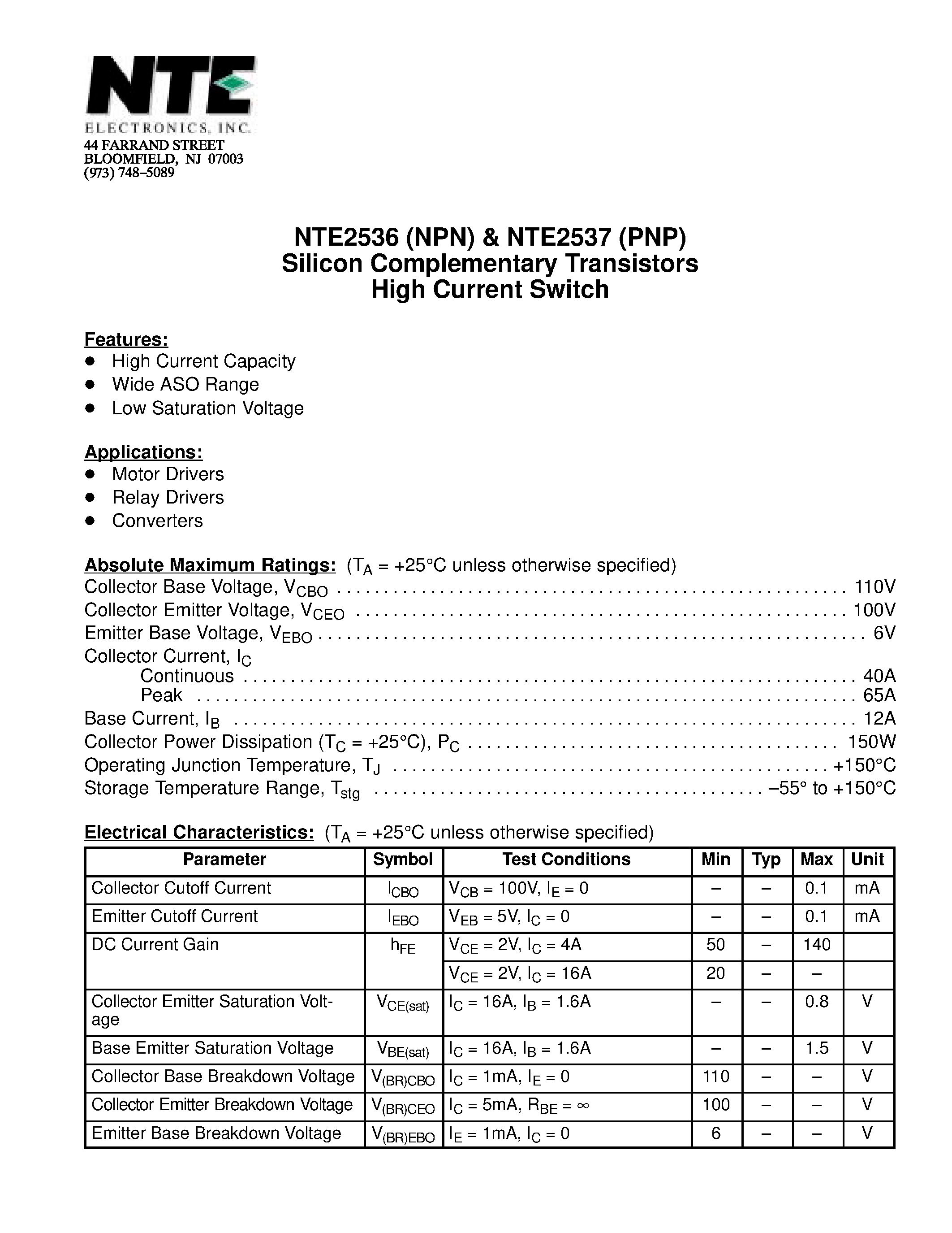 Datasheet NTE2536 - Silicon Complementary Transistors High Current Switch page 1