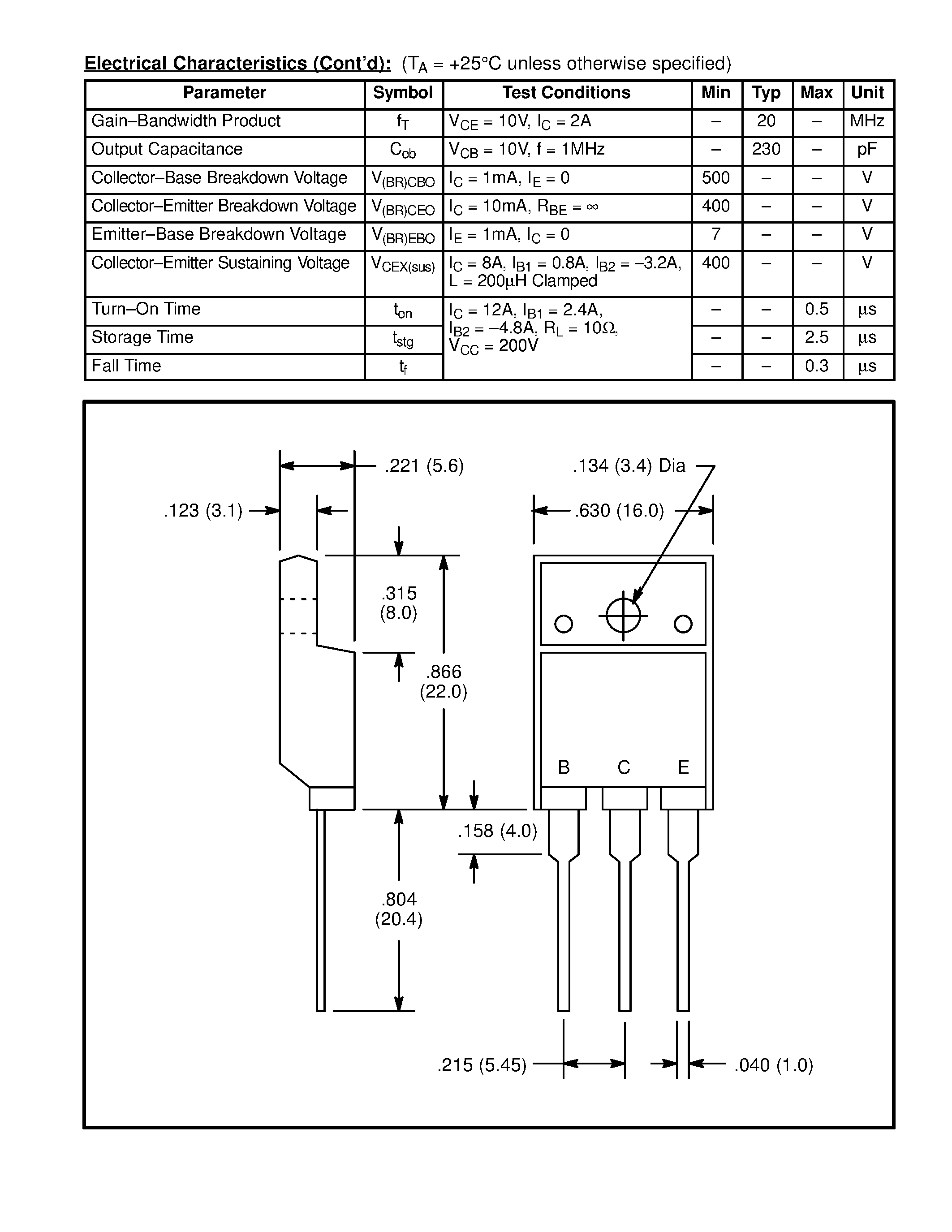 Datasheet NTE2538 page 2 Datasheet NTE2538 - Silicon NPN Transistor High Voltage / High Current Switch page 2