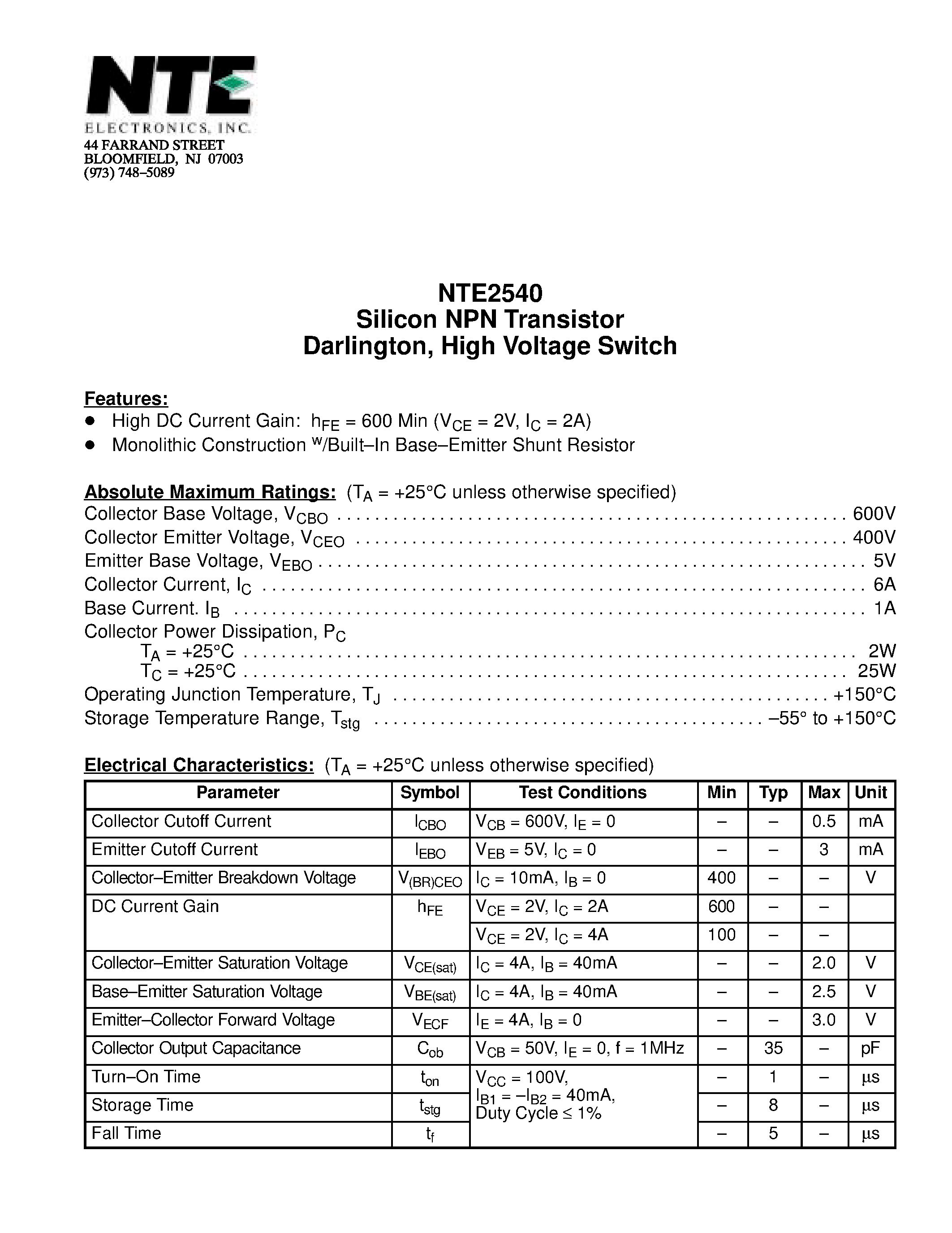 Datasheet NTE2540 page 1 Datasheet NTE2540 - Silicon NPN Transistor Darlington / High Voltage Switch page 1