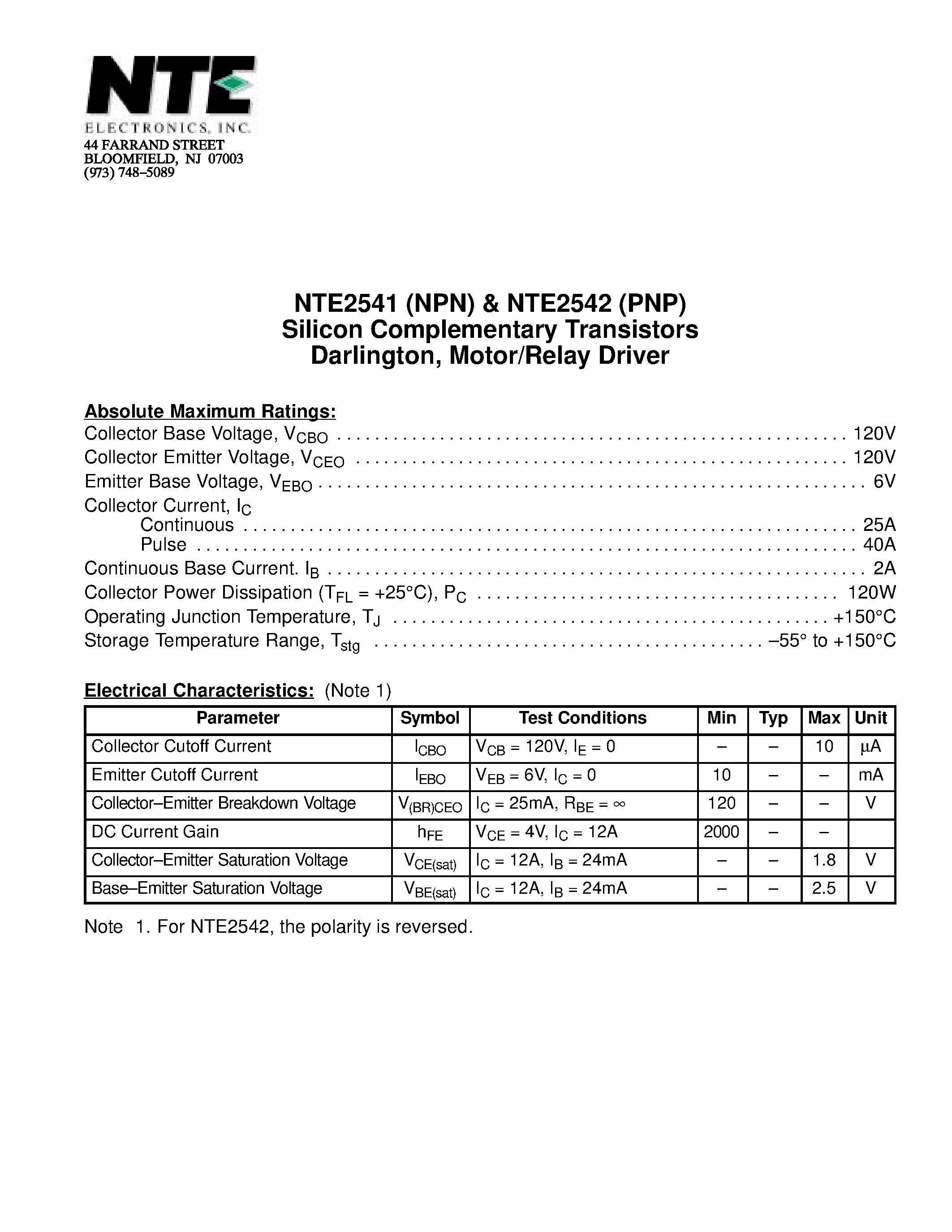 Даташит NTE2541 - Silicon Complementary Transistors Darlington / Motor/Relay Driver страница 1
