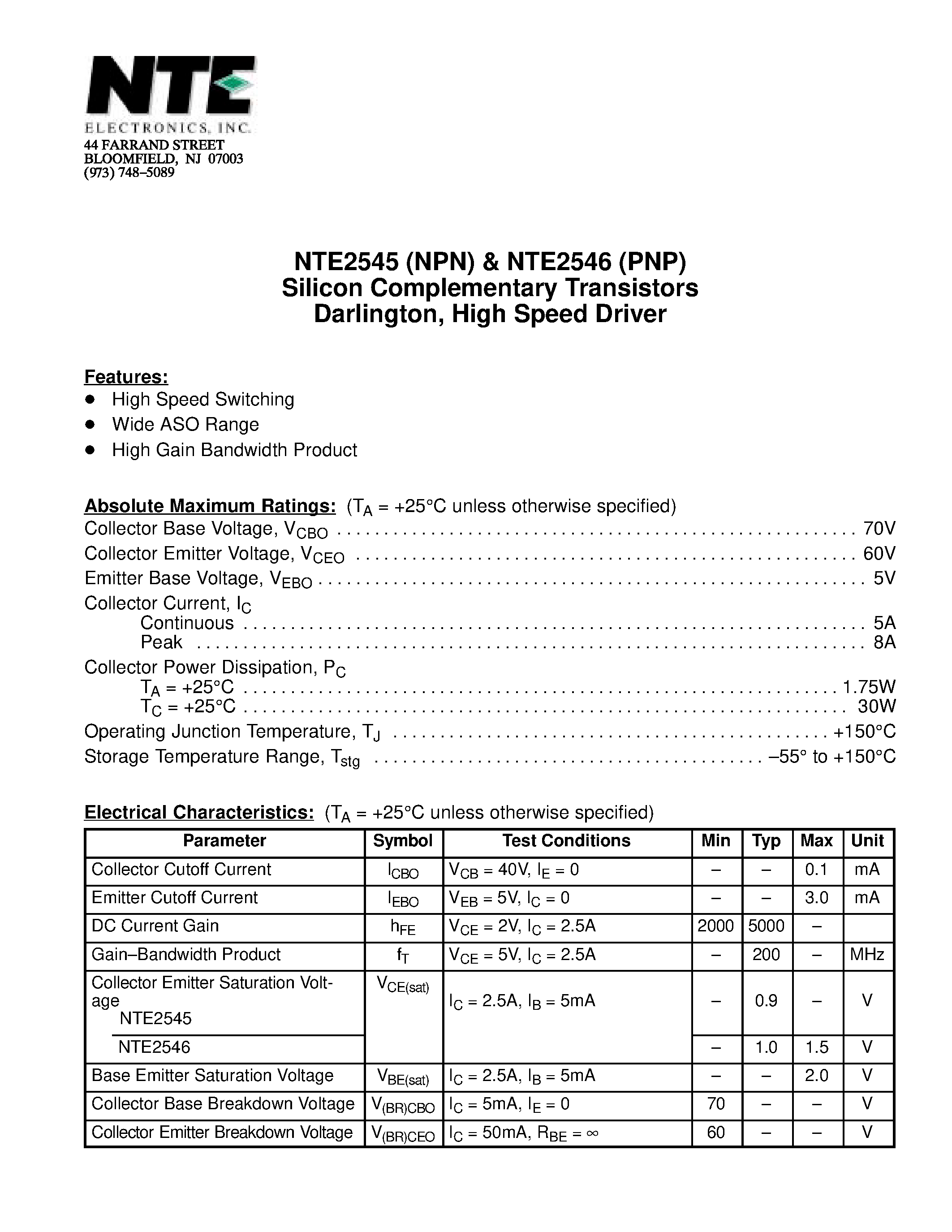 Datasheet NTE2545 - Silicon Complementary Transistors Darlington / High Speed Driver page 1