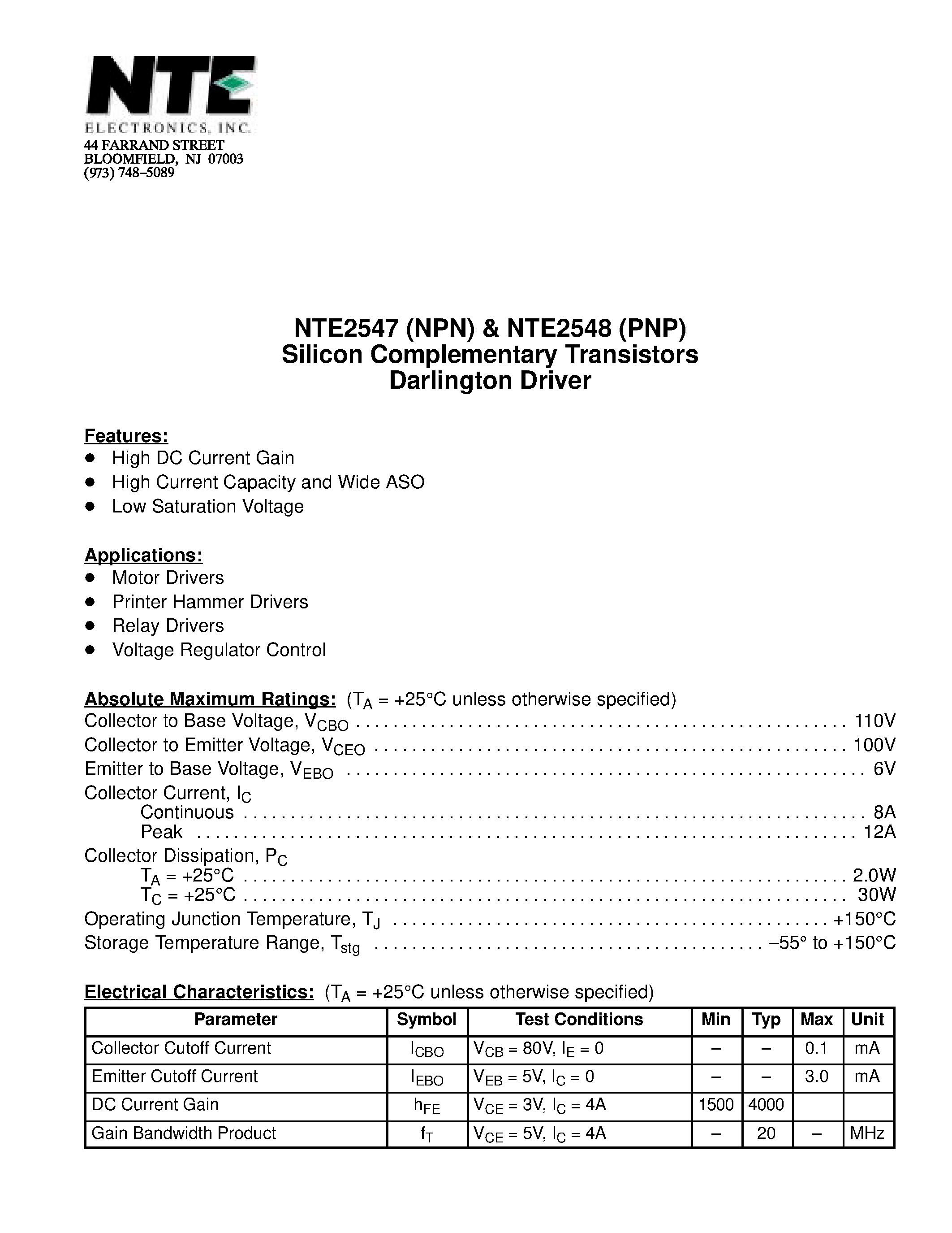 Datasheet NTE2547 - Silicon Complementary Transistors Darlington Driver page 1