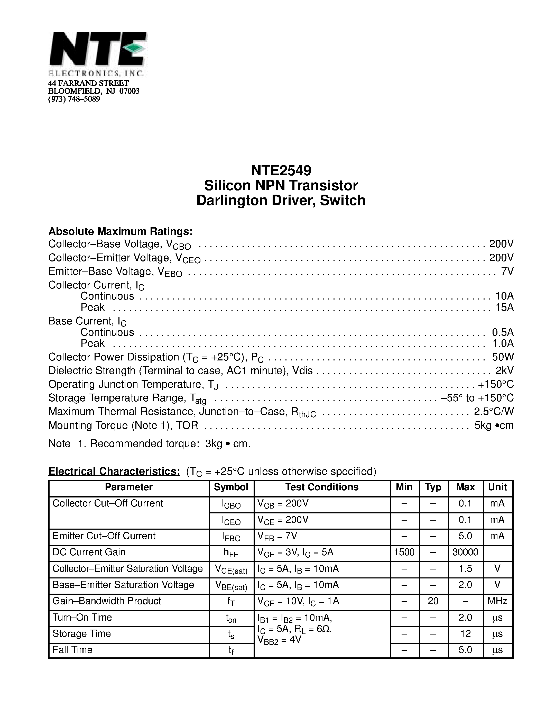 Datasheet NTE2549 page 1 Datasheet NTE2549 - Silicon NPN Transistor Darlington Driver / Switch page 1